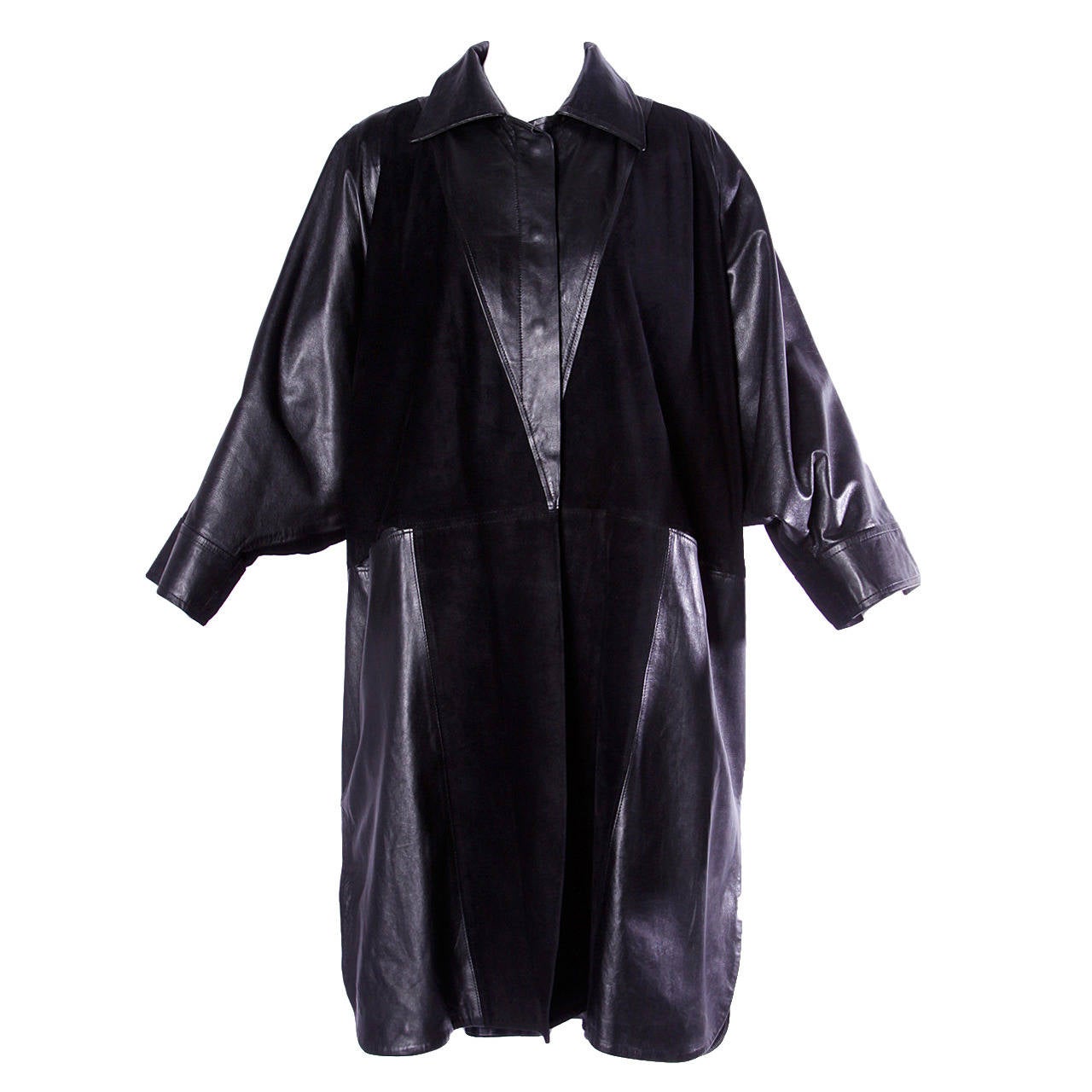 Jean Claude Jitrois Vintage 1980s 80s Black Leather Batwing or Cocoon Coat For Sale