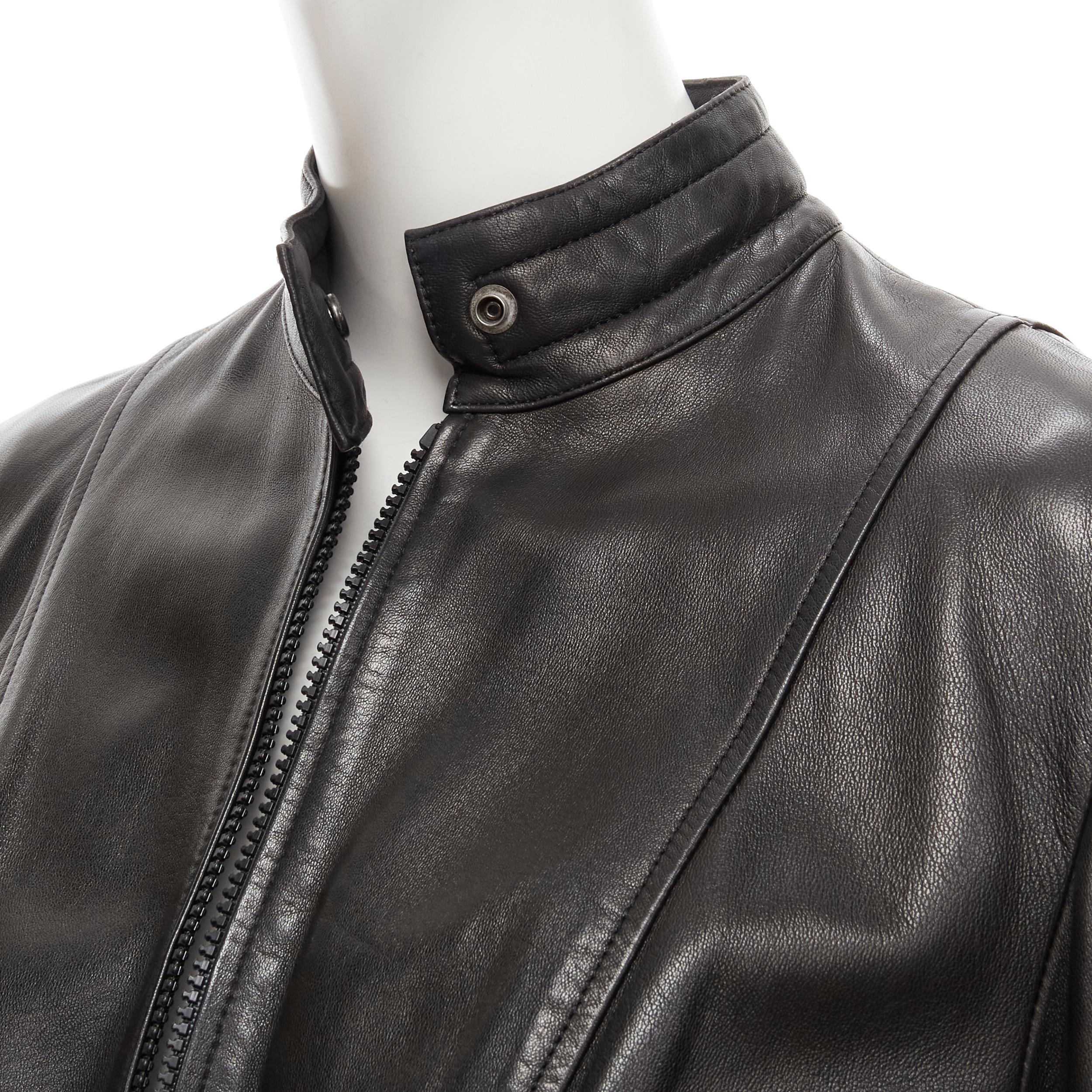 JEAN CLAUDE JITROIS Vintage black leather ribbed moto biker jacket IT40 S 
Reference: GIYG/A00160 
Brand: Jitrois 
Material: Leather 
Color: Black 
Pattern: Solid 
Closure: Zip 
Extra Detail: Snap button collar. Zip front. Ribbed detailing at elbow.