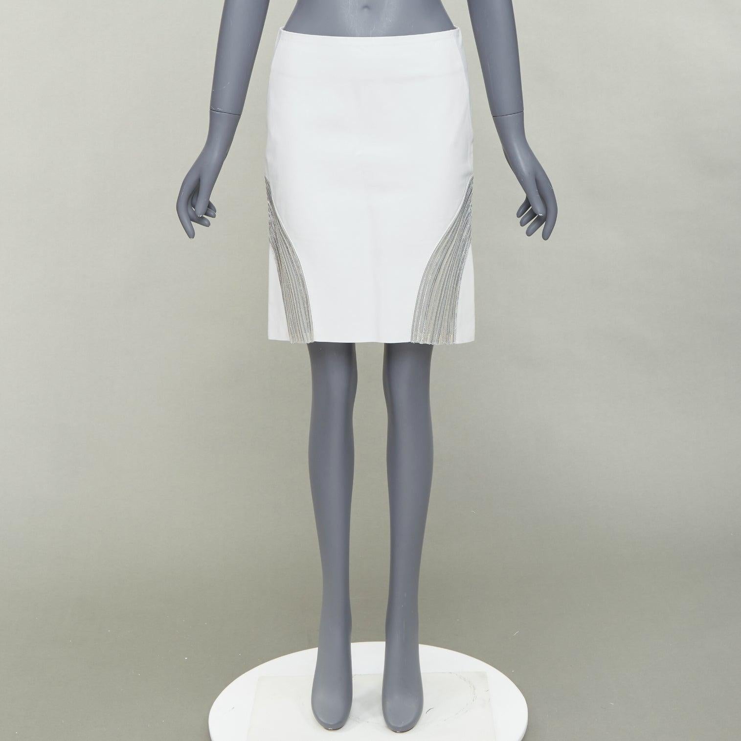 JEAN CLAUDE JITROIS white  leather silver silk applique pencil skirt IT36 XXS For Sale 6