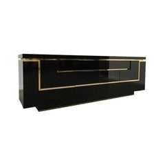 Jean Claude Mahey Black Lacquered Sideboard Credenza, France, 1970