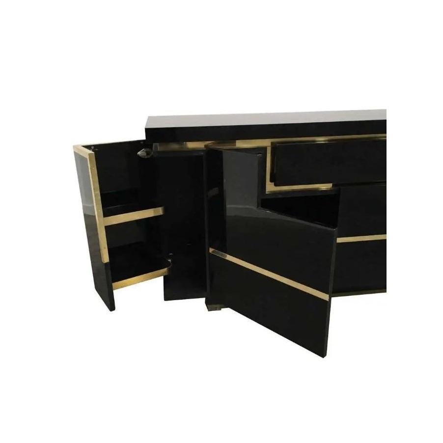 Brass Jean Claude Mahey Black Lacquered Sideboard Credenza, France, 1970 For Sale