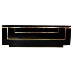Jean Claude Mahey Black Lacquered Sideboard Credenza, France, 1970