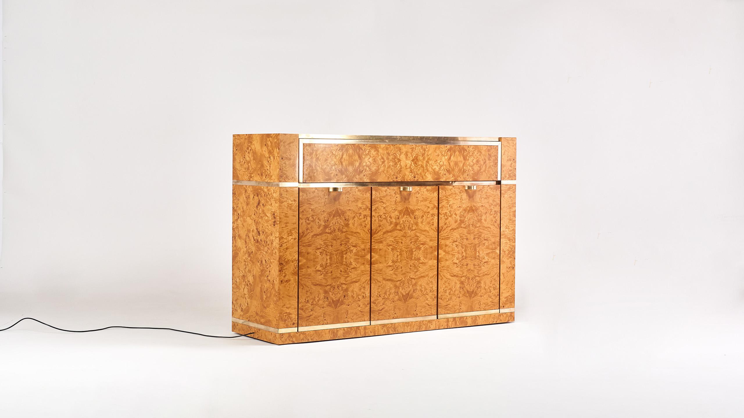 Hollywood Regency Jean-Claude Mahey, Burl Wood and Brass Dry Bar for Roche Bobois, 1978