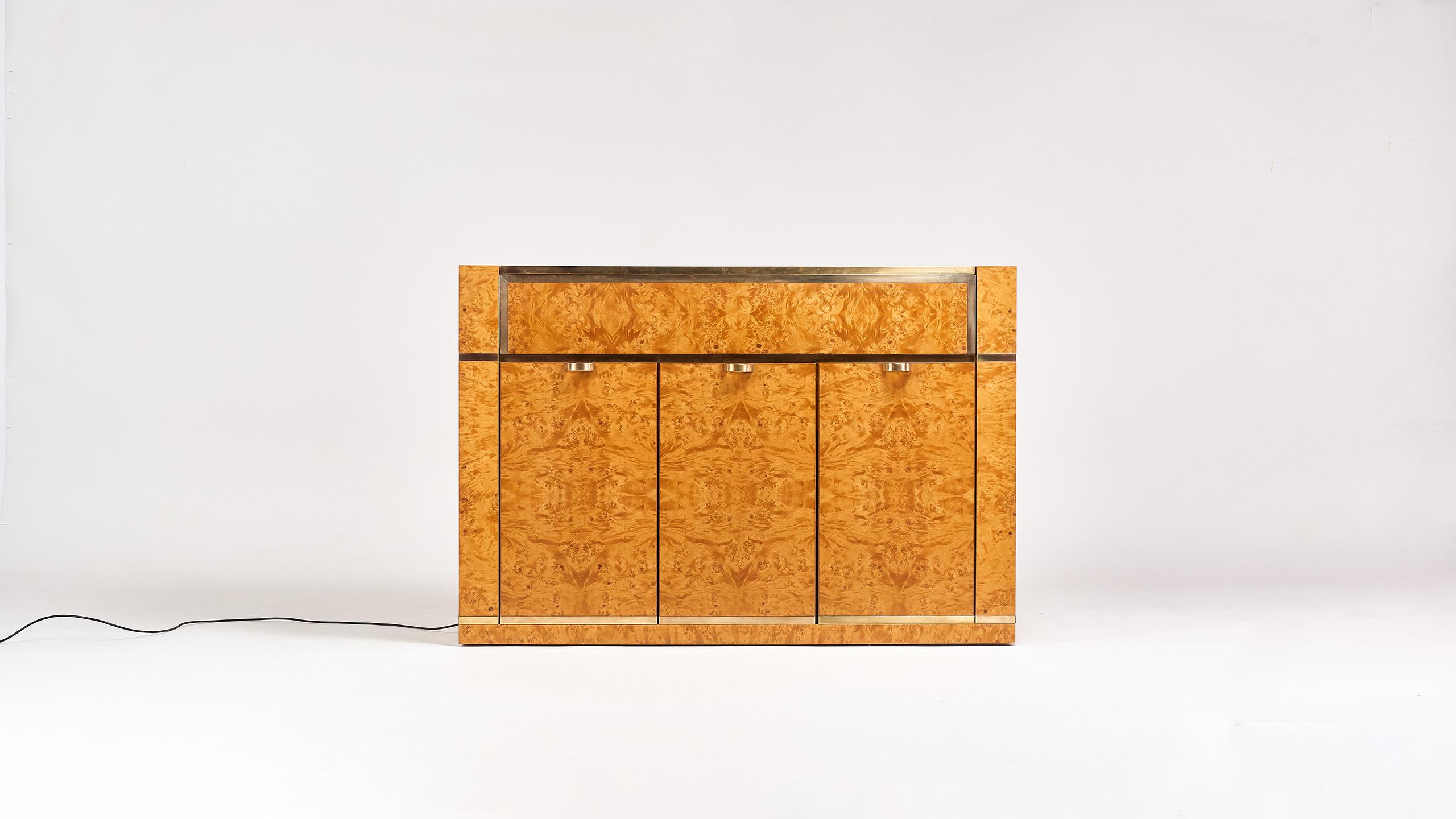 European Jean-Claude Mahey, Burl Wood and Brass Dry Bar for Roche Bobois, 1978