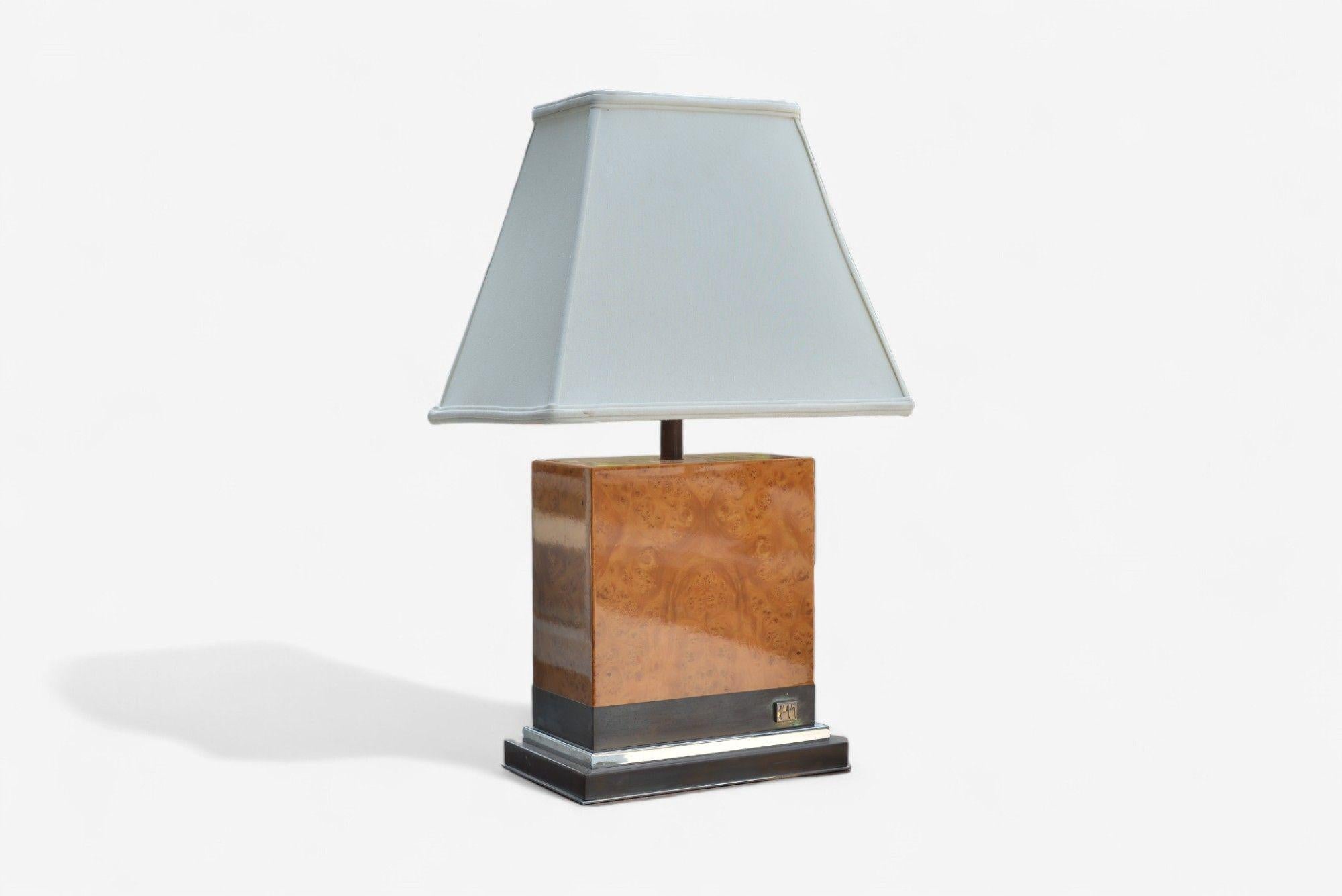 French Jean Claude Mahey, Burl Wood, Chrome, Table Lamps, France, 1960s For Sale