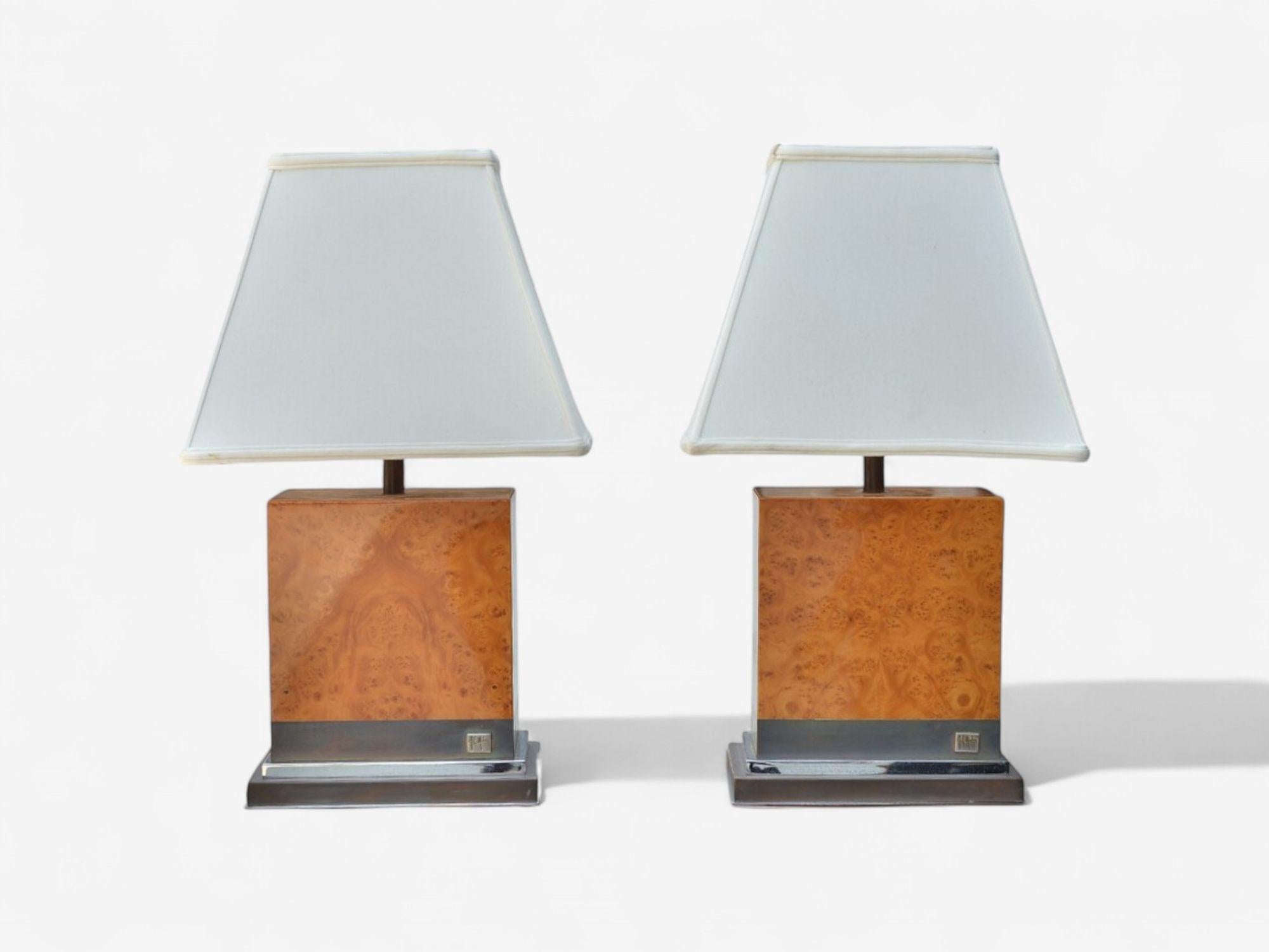 Jean Claude Mahey, Burl Wood, Chrome, Table Lamps, France, 1960s In Good Condition For Sale In Manhasset, NY