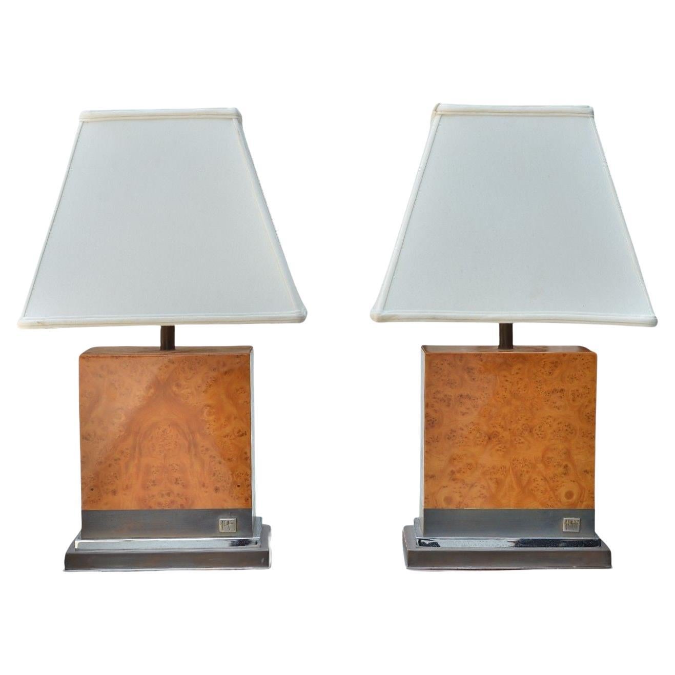 Jean Claude Mahey, Burl Wood, Chrome, Table Lamps, France, 1960s For Sale