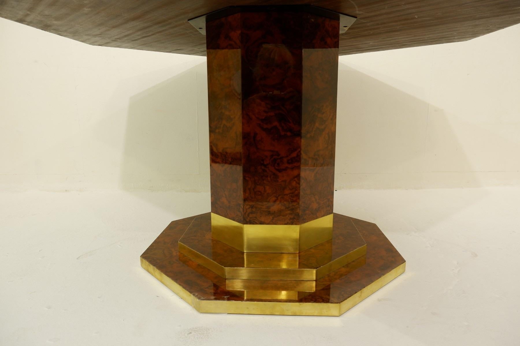 Jean Claude Mahey Cedar Burl Veneer and Brass Octagonal Dining Table, 1970s For Sale 1
