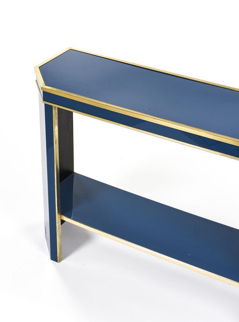 French Jean Claude Mahey Console Blue Lacquer and Brass, 1970