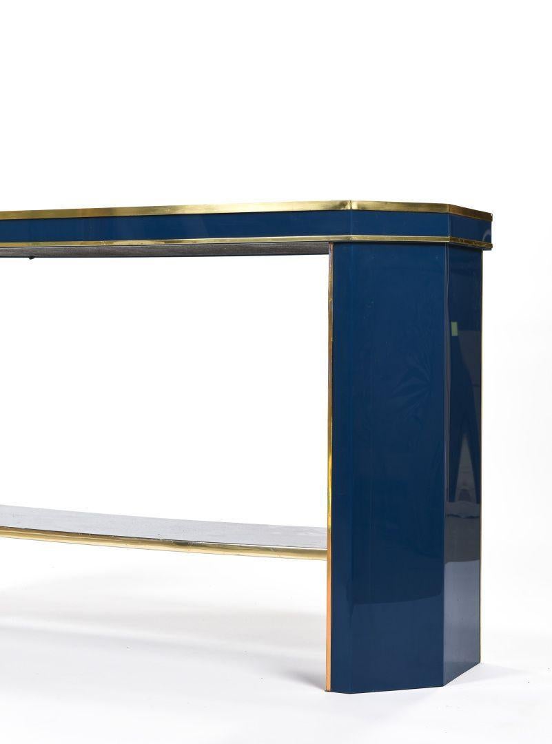 Jean Claude Mahey Console Blue Lacquer and Brass, 1970 In Good Condition In Toulouse, Midi-Pyrénées