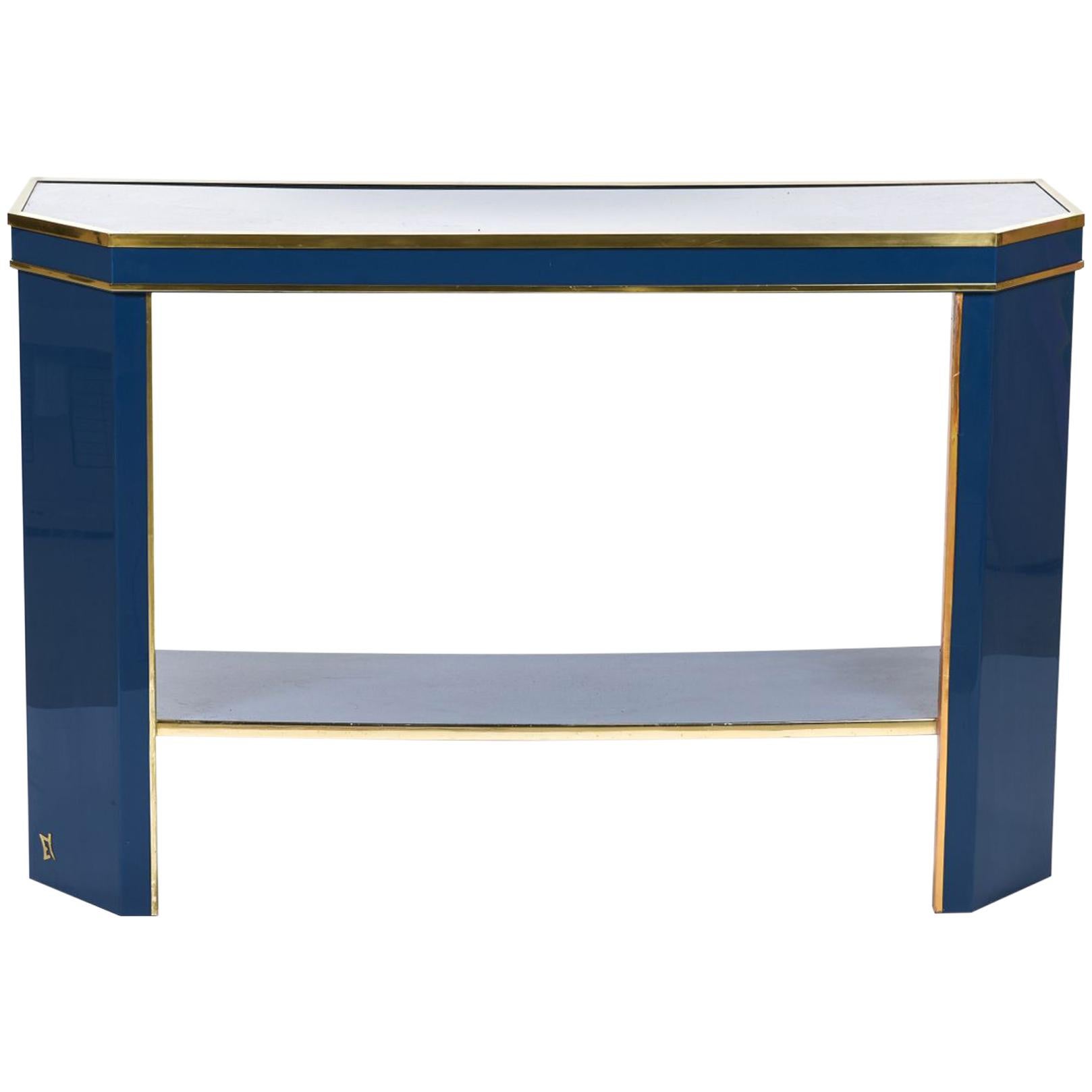 Jean Claude Mahey Console Blue Lacquer and Brass, 1970
