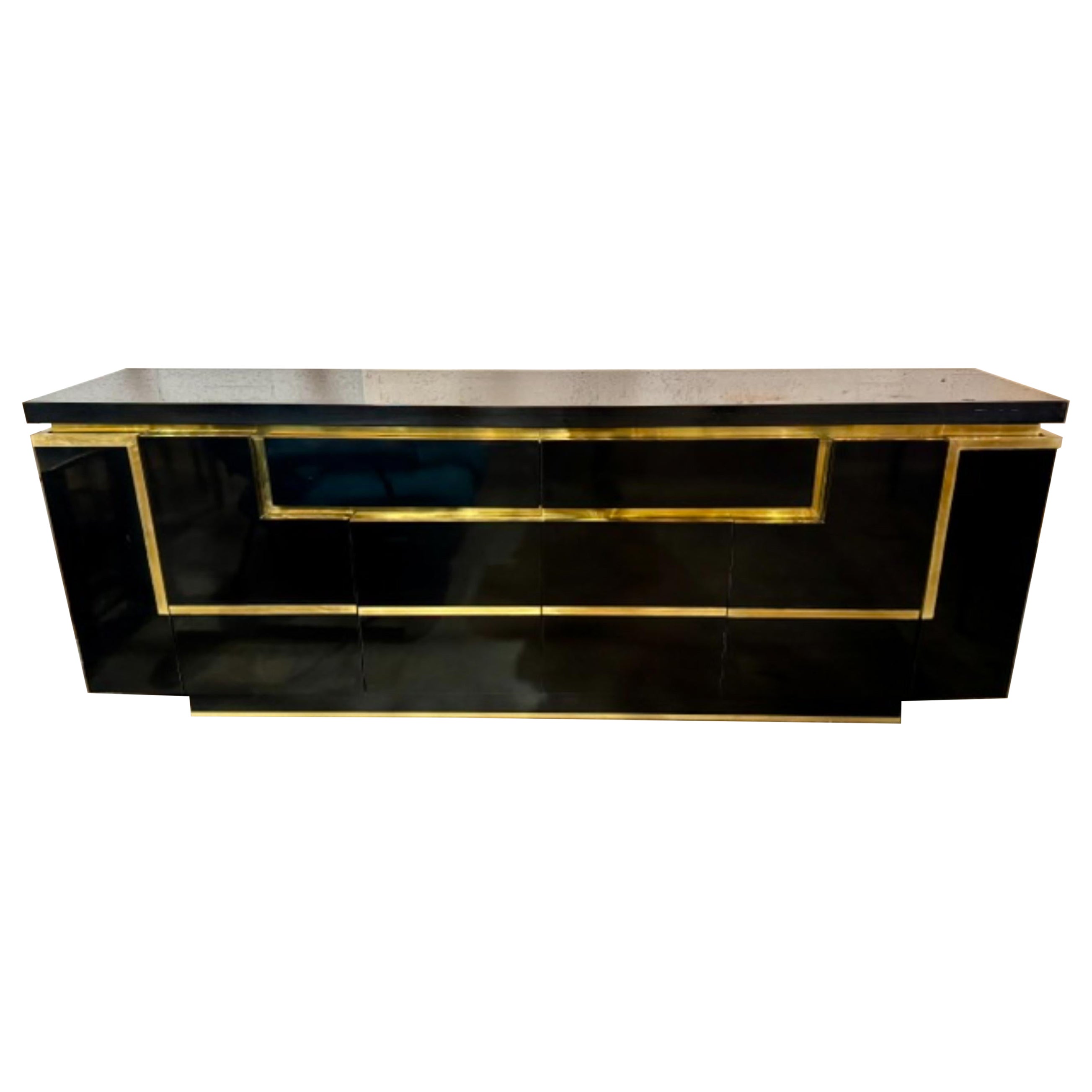 Jean Claude Mahey Design Black Laquer and Brass Sideboard For Sale