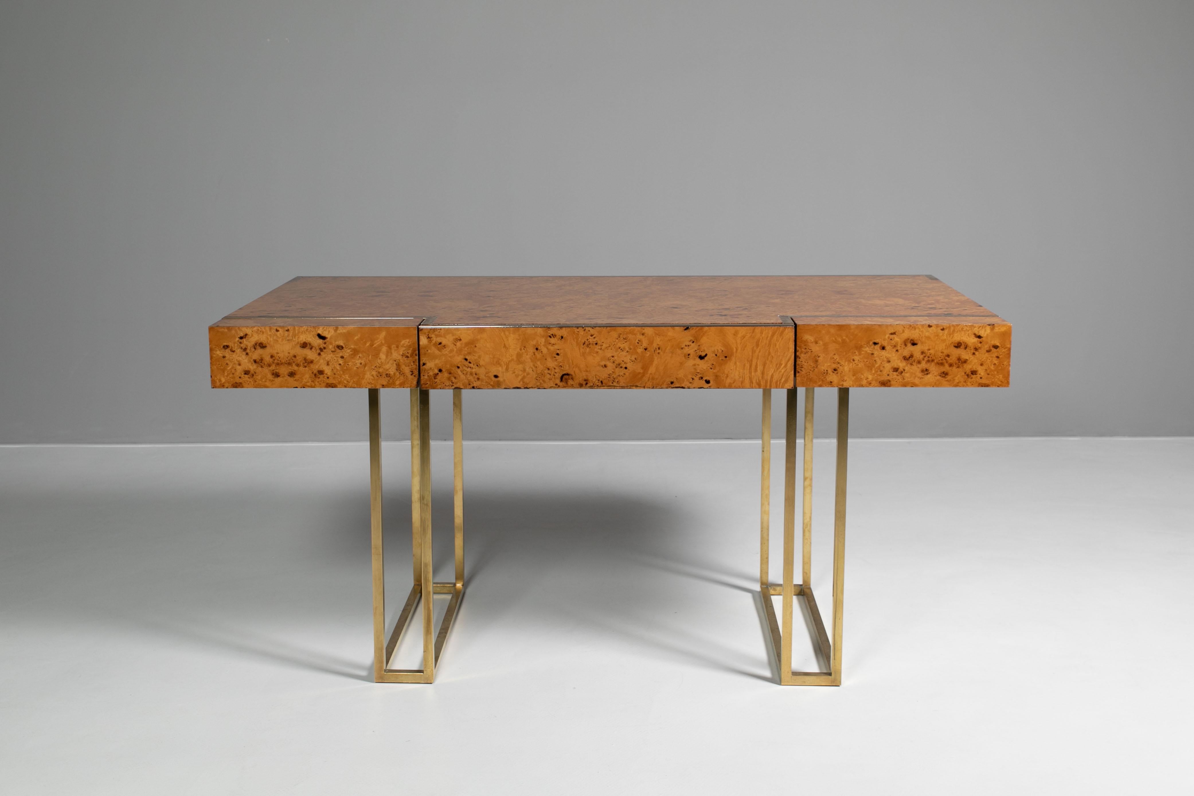 Desk by Jean Claude Mahey with three drawers in ash burl wood.