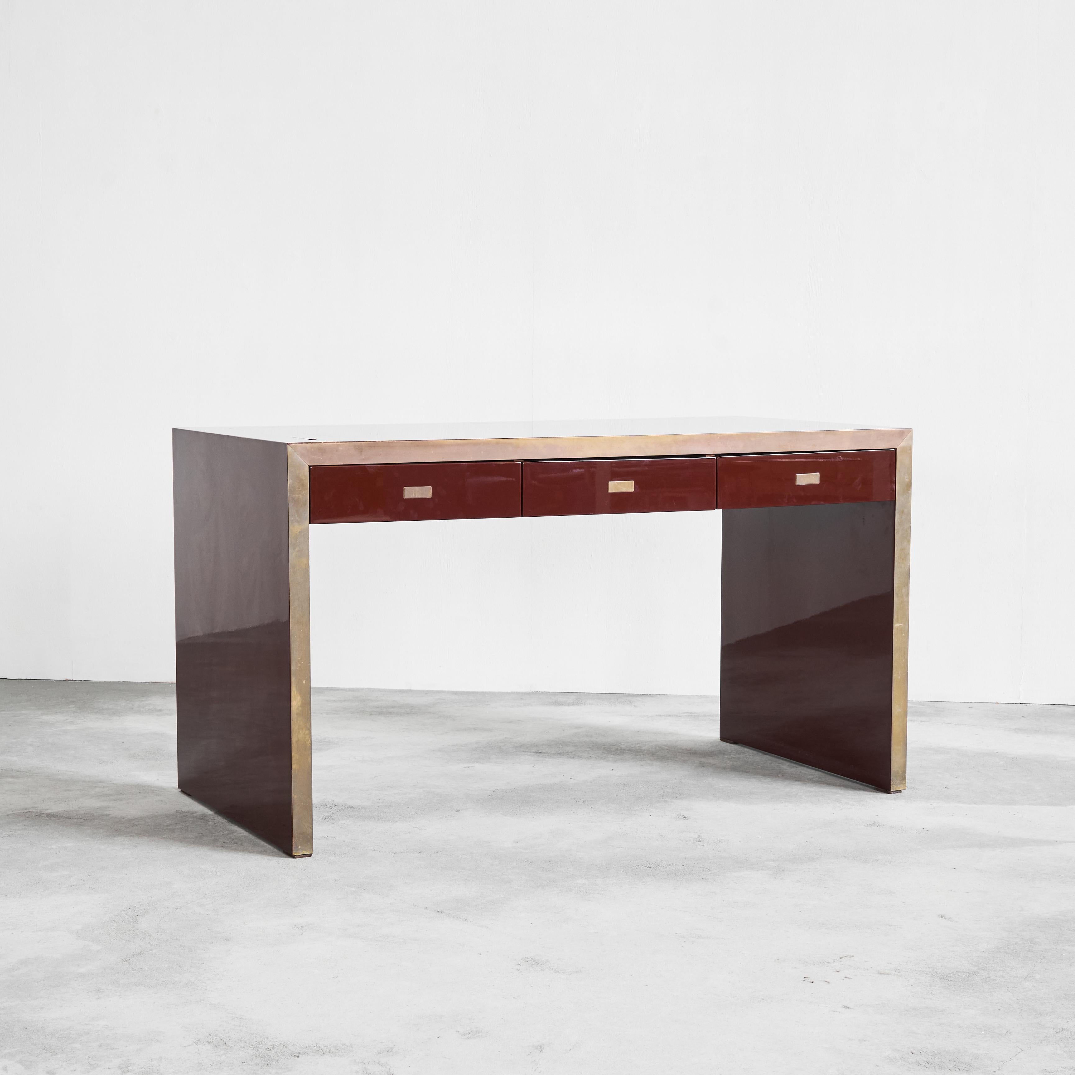 Hollywood Regency Jean Claude Mahey Desk in Lacquered Wood & Brass, 1970s For Sale