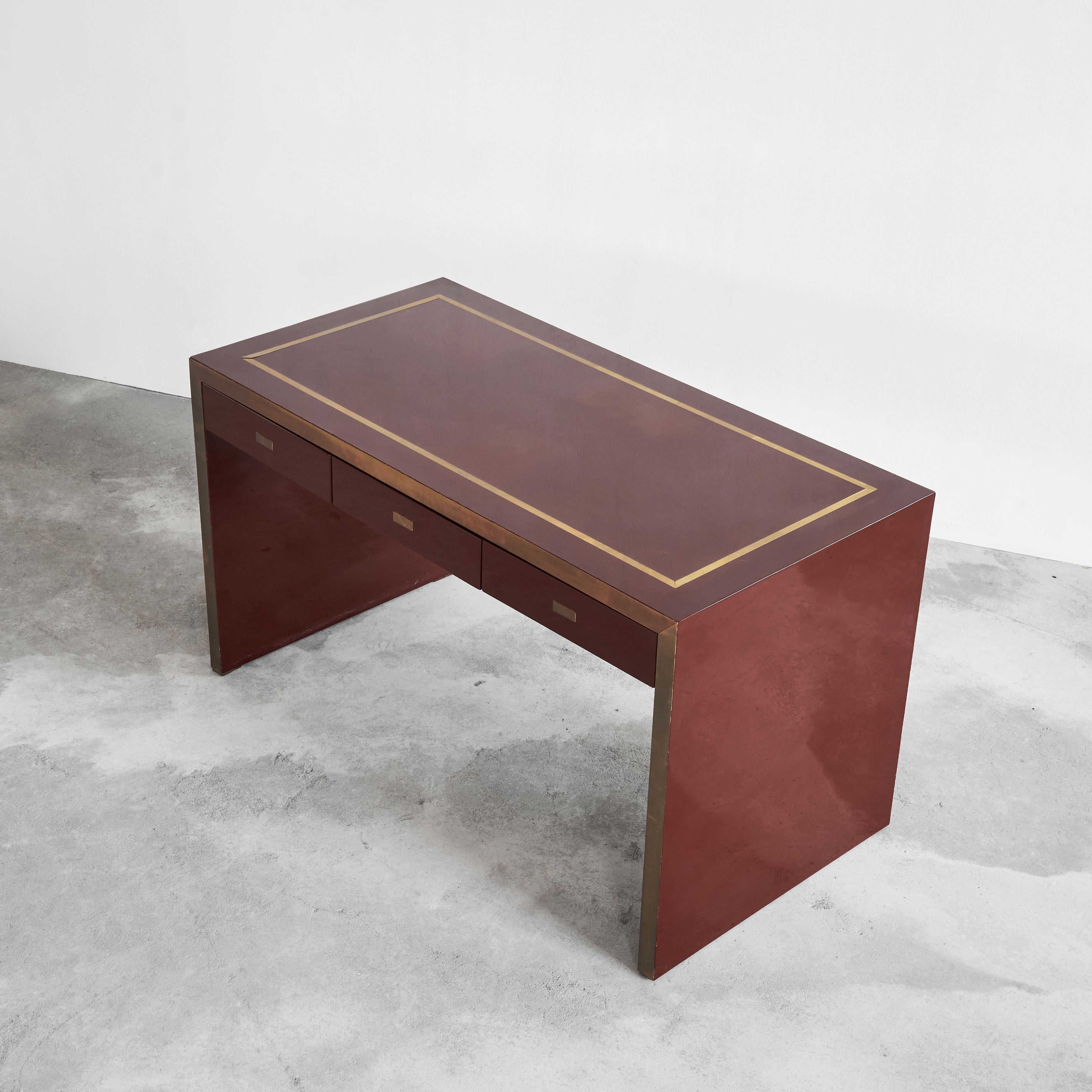 French Jean Claude Mahey Desk in Lacquered Wood & Brass, 1970s For Sale