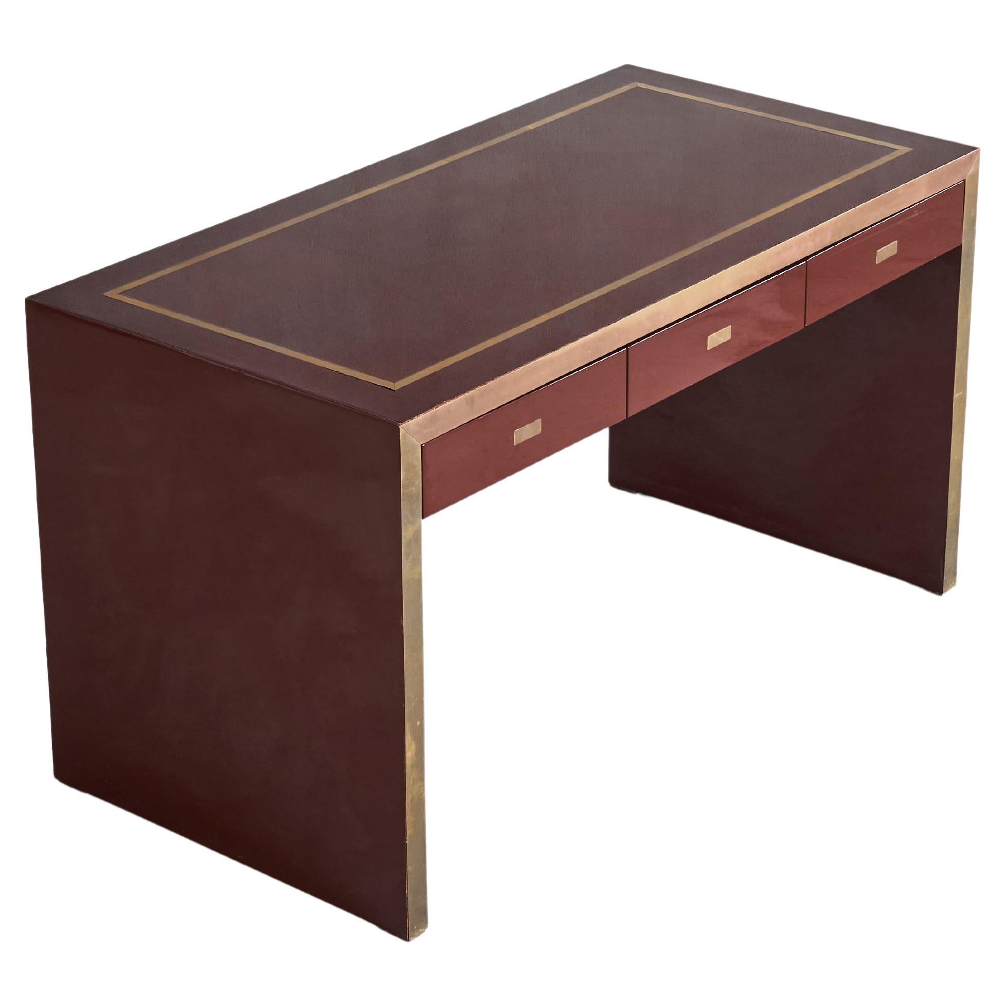 Jean Claude Mahey Desk in Lacquered Wood & Brass, 1970s For Sale