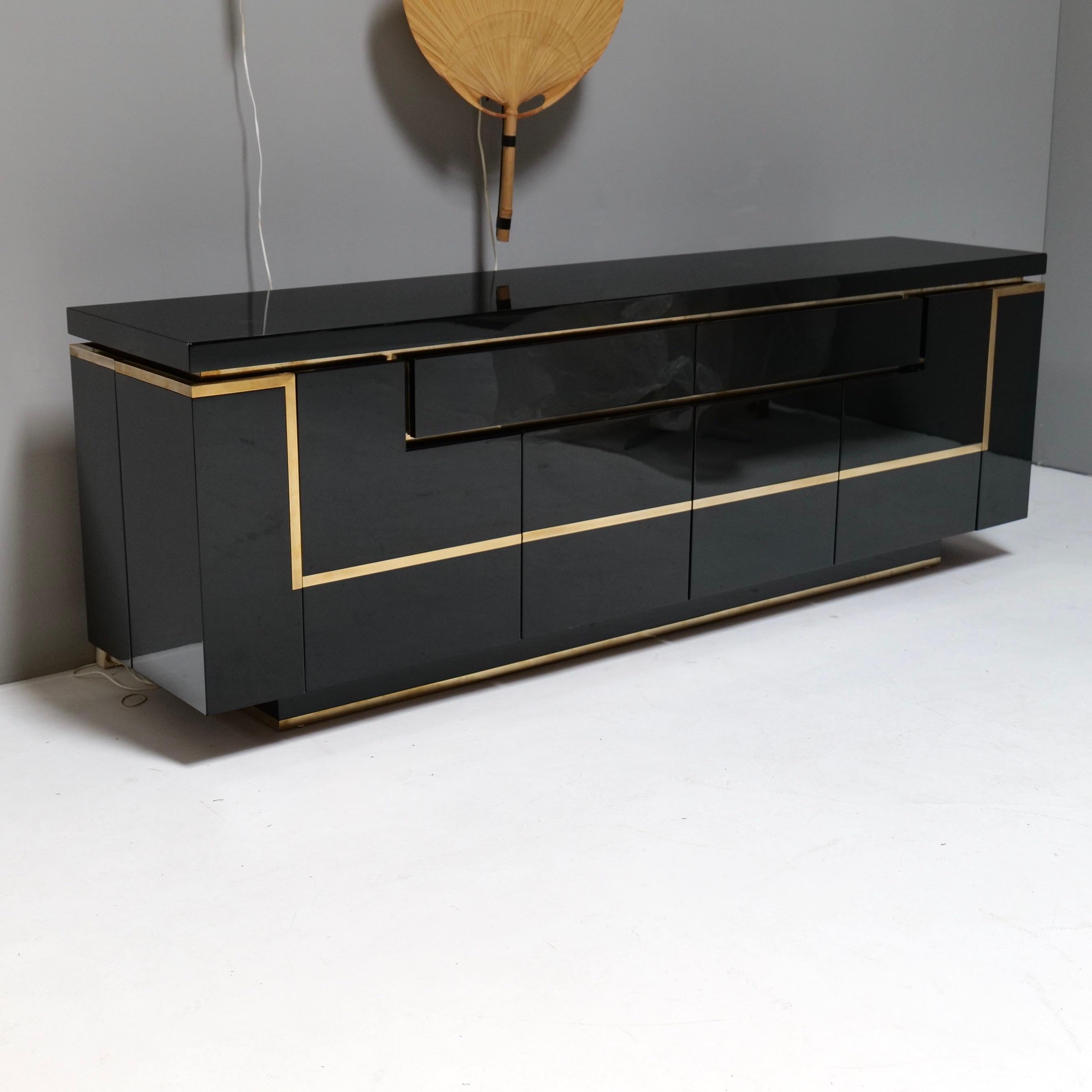 French Jean Claude Mahey Highgloss Black Lacquer Sideboard, 1970s For Sale