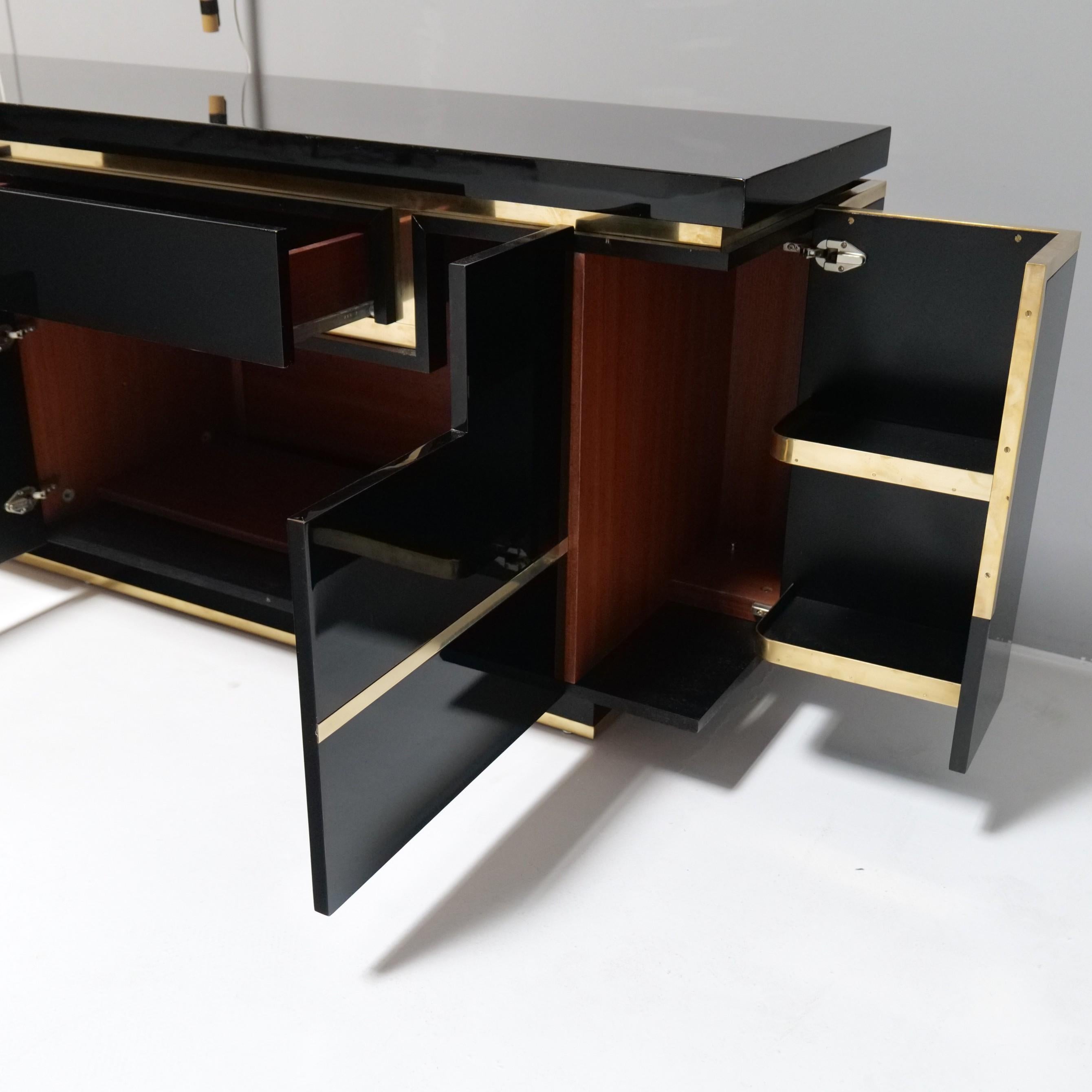 Brass Jean Claude Mahey Highgloss Black Lacquer Sideboard, 1970s For Sale