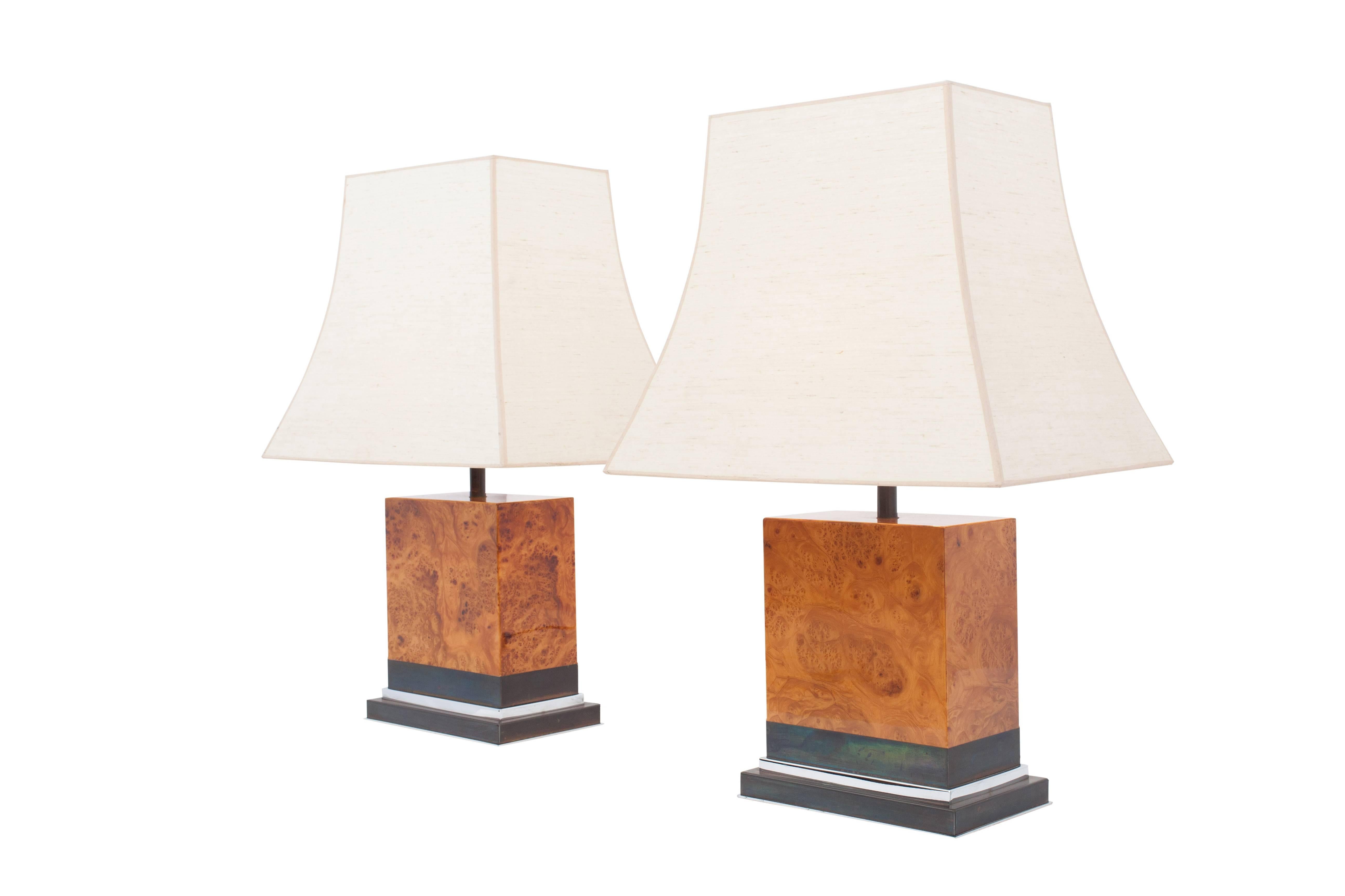 Hollywood Regency Jean Claude Mahey Pair of Burl Lamps