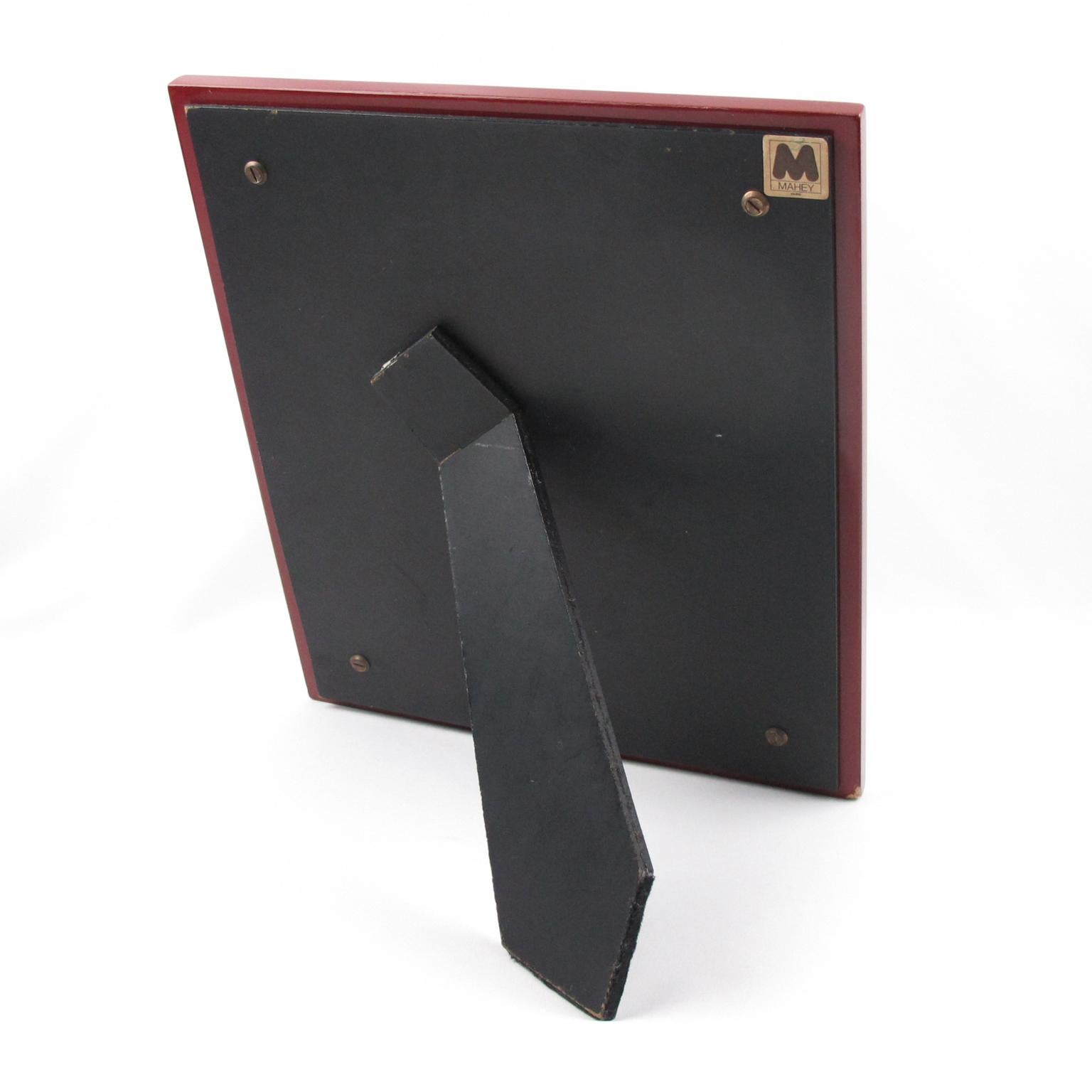 French Jean Claude Mahey, Paris Oxblood Lacquer and Brass Picture Frame, 1970s For Sale