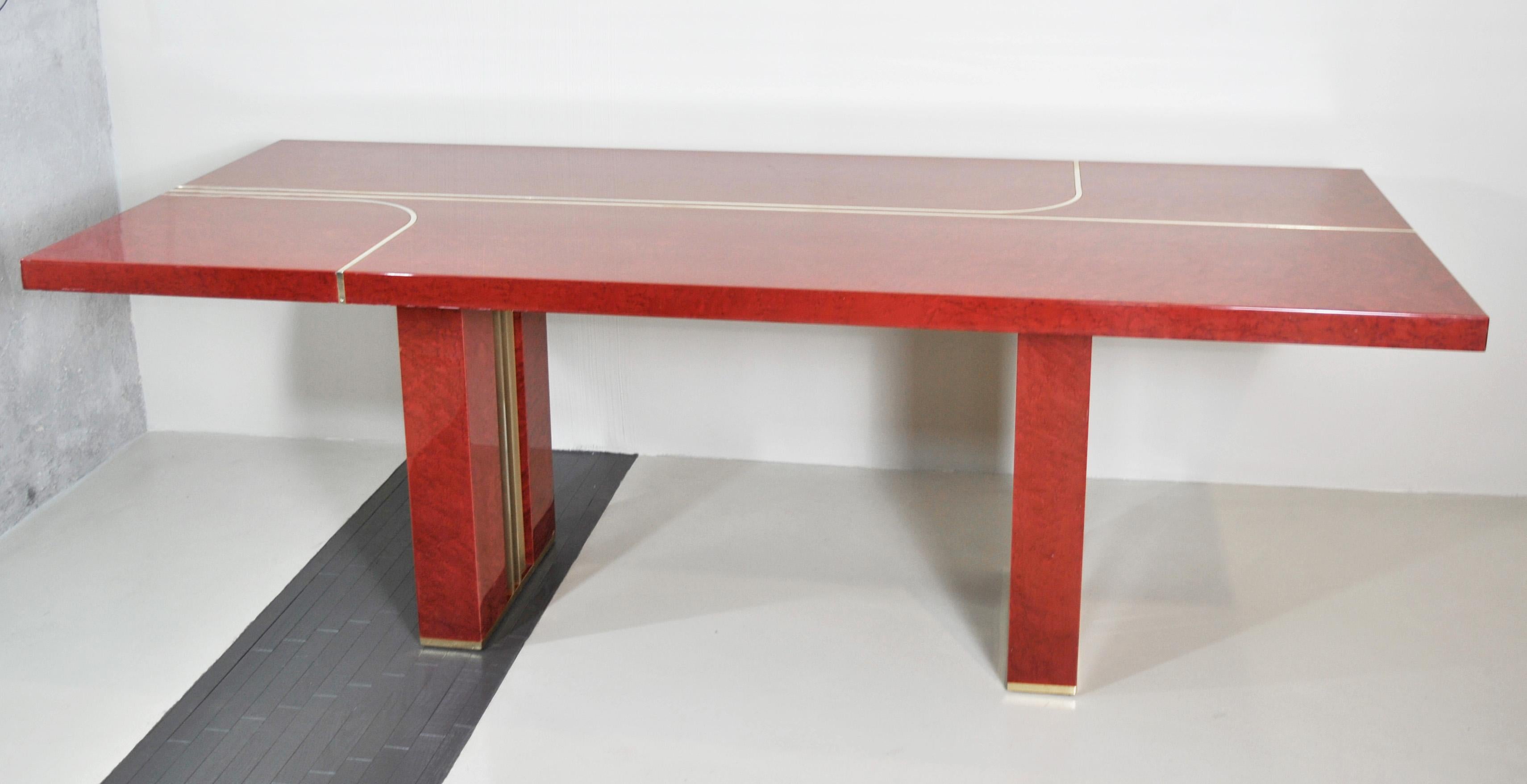 Midcentury Romeo Rega Red Lacquered Wood and Brass French Table, 1980s 5