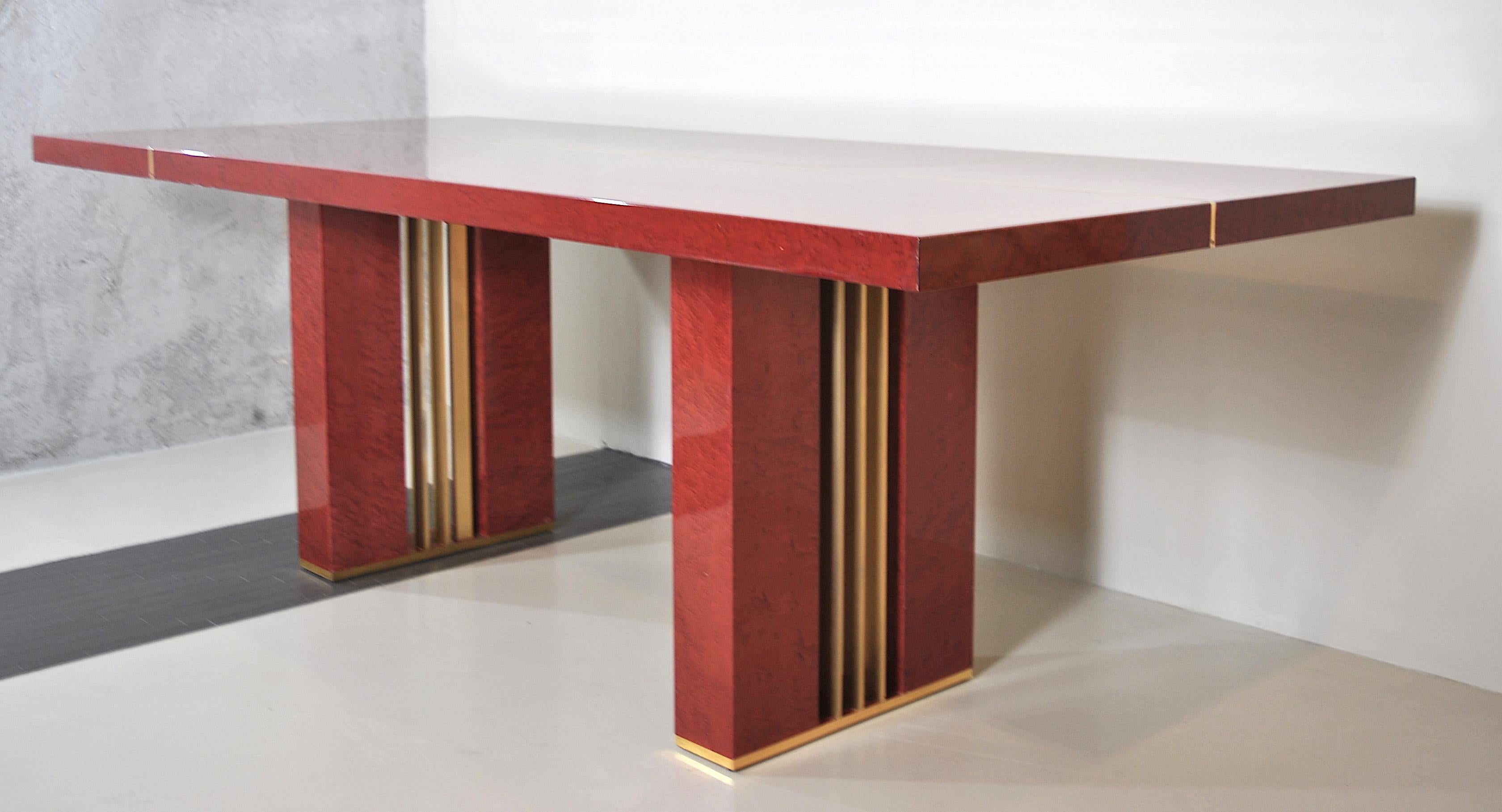 Midcentury Romeo Rega Red Lacquered Wood and Brass French Table, 1980s 6