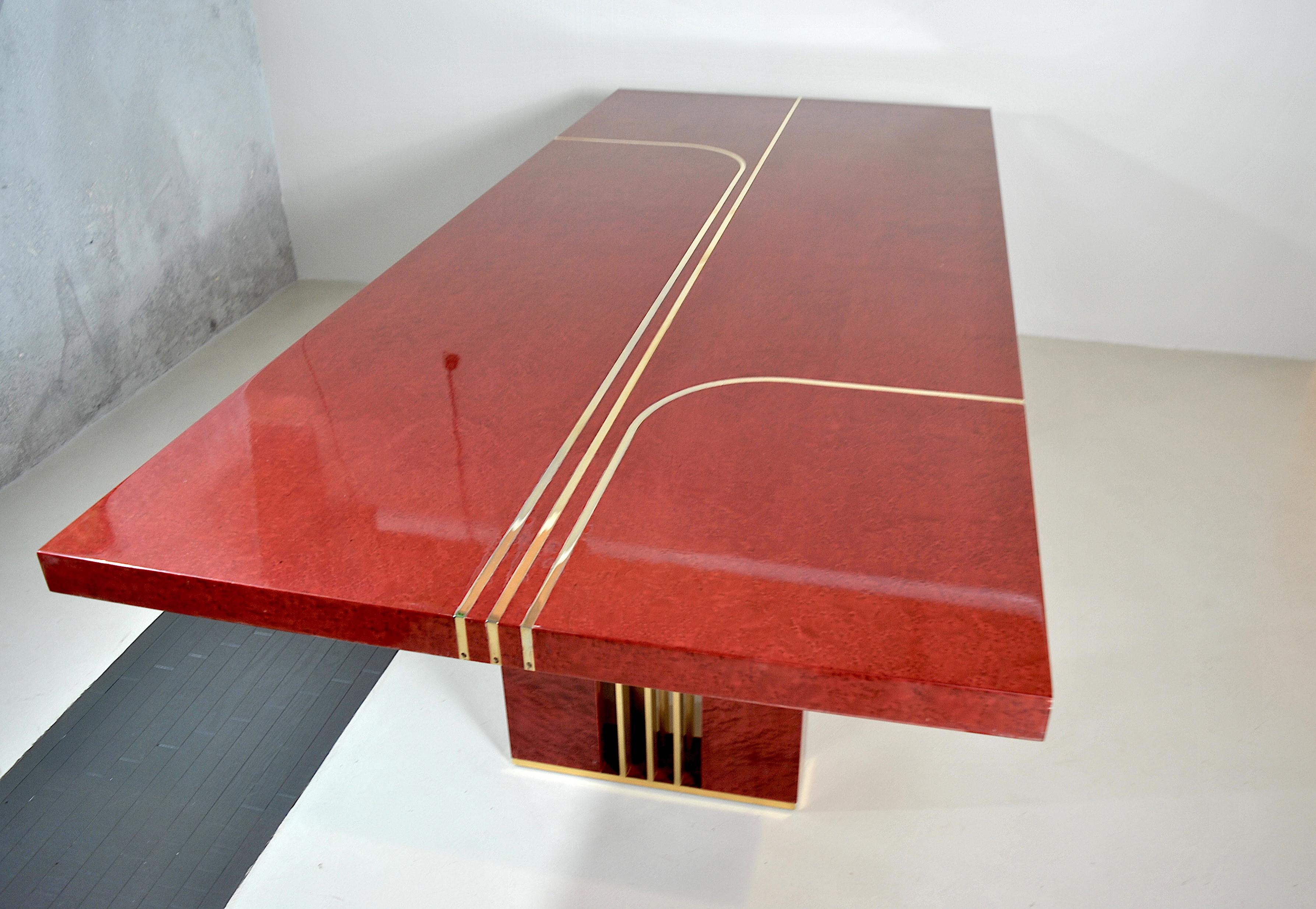 Midcentury Romeo Rega Red Lacquered Wood and Brass French Table, 1980s 7