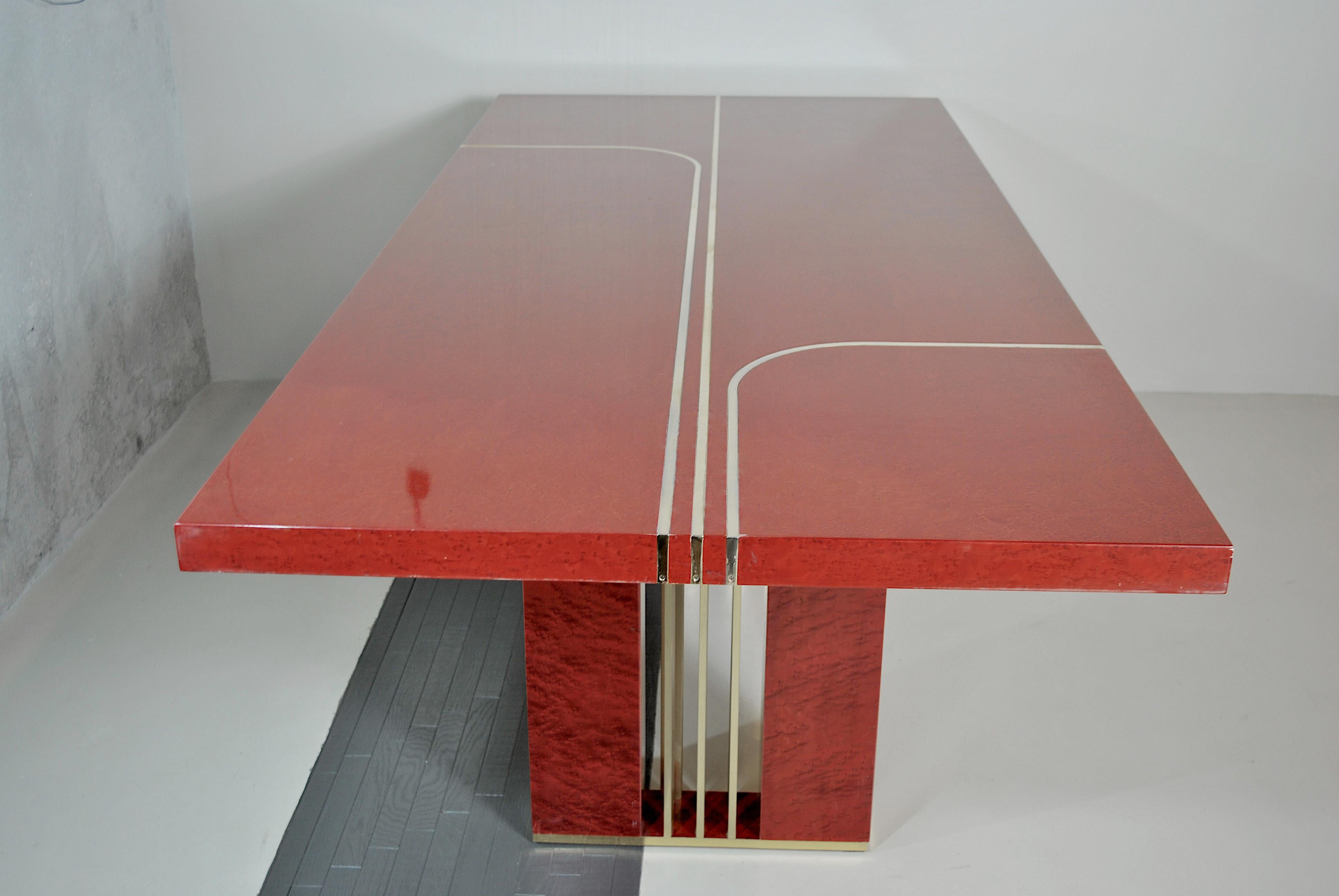 Midcentury Romeo Rega Red Lacquered Wood and Brass French Table, 1980s 9