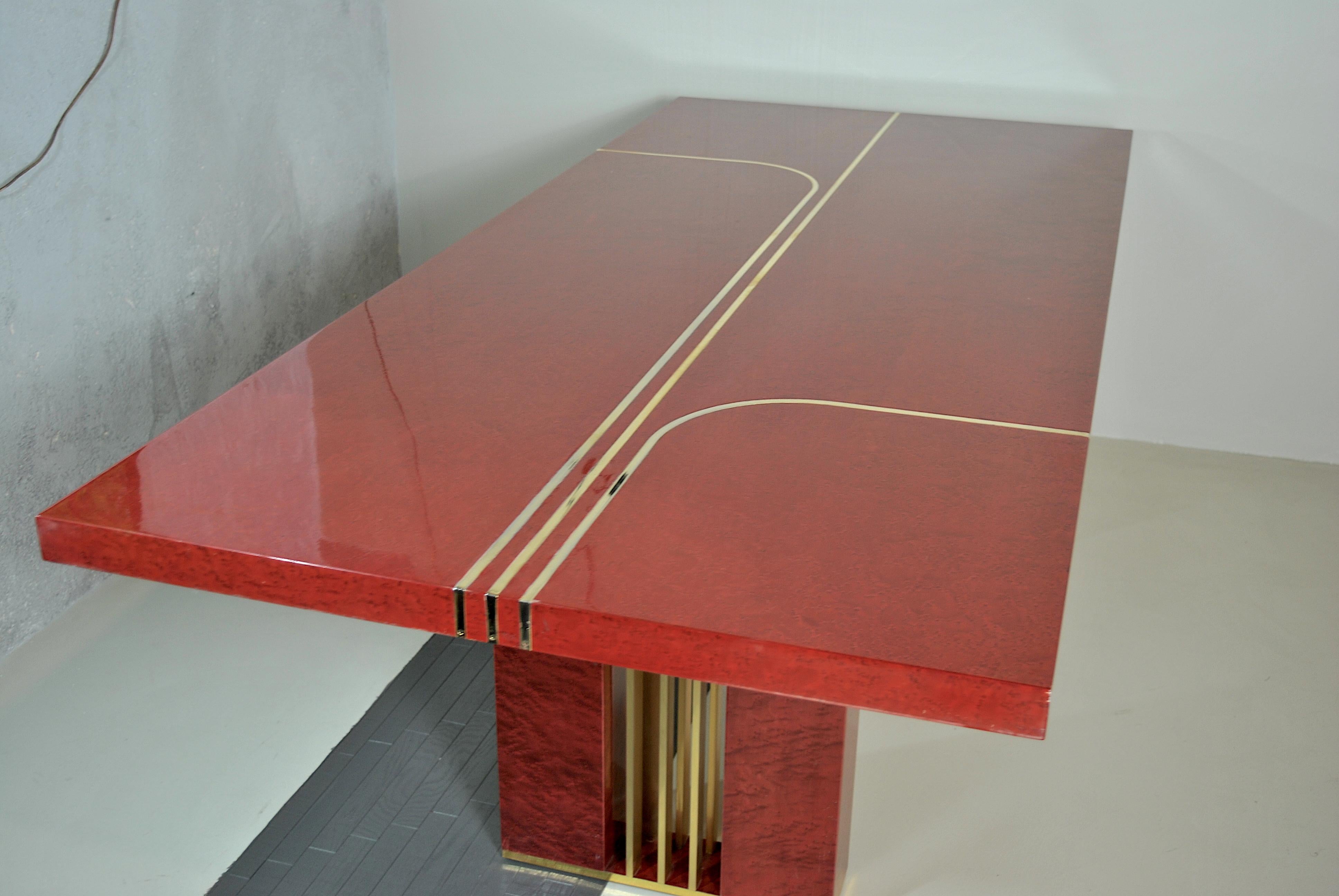 Midcentury Romeo Rega Red Lacquered Wood and Brass French Table, 1980s 10