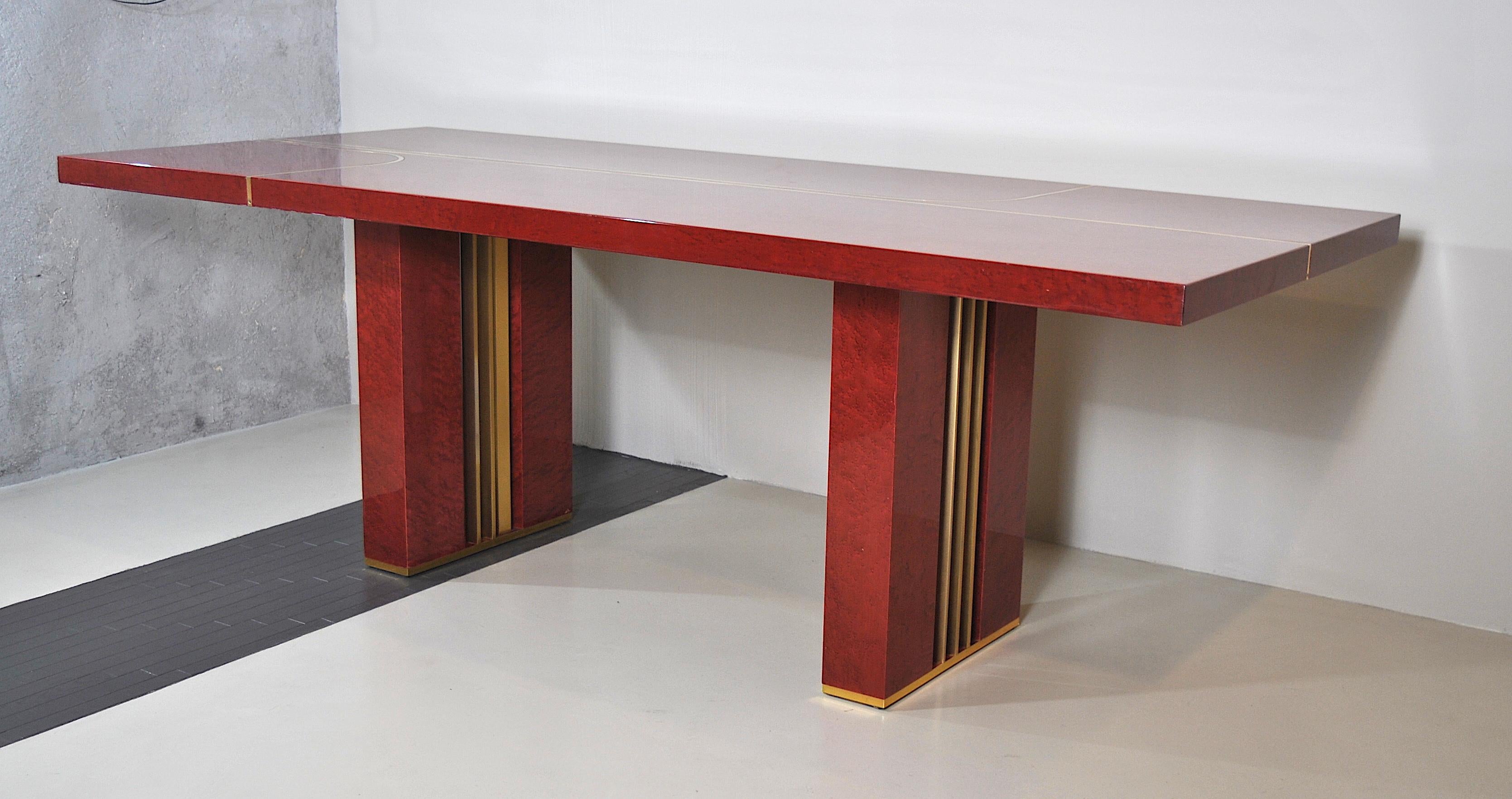 Late 20th Century Midcentury Romeo Rega Red Lacquered Wood and Brass French Table, 1980s