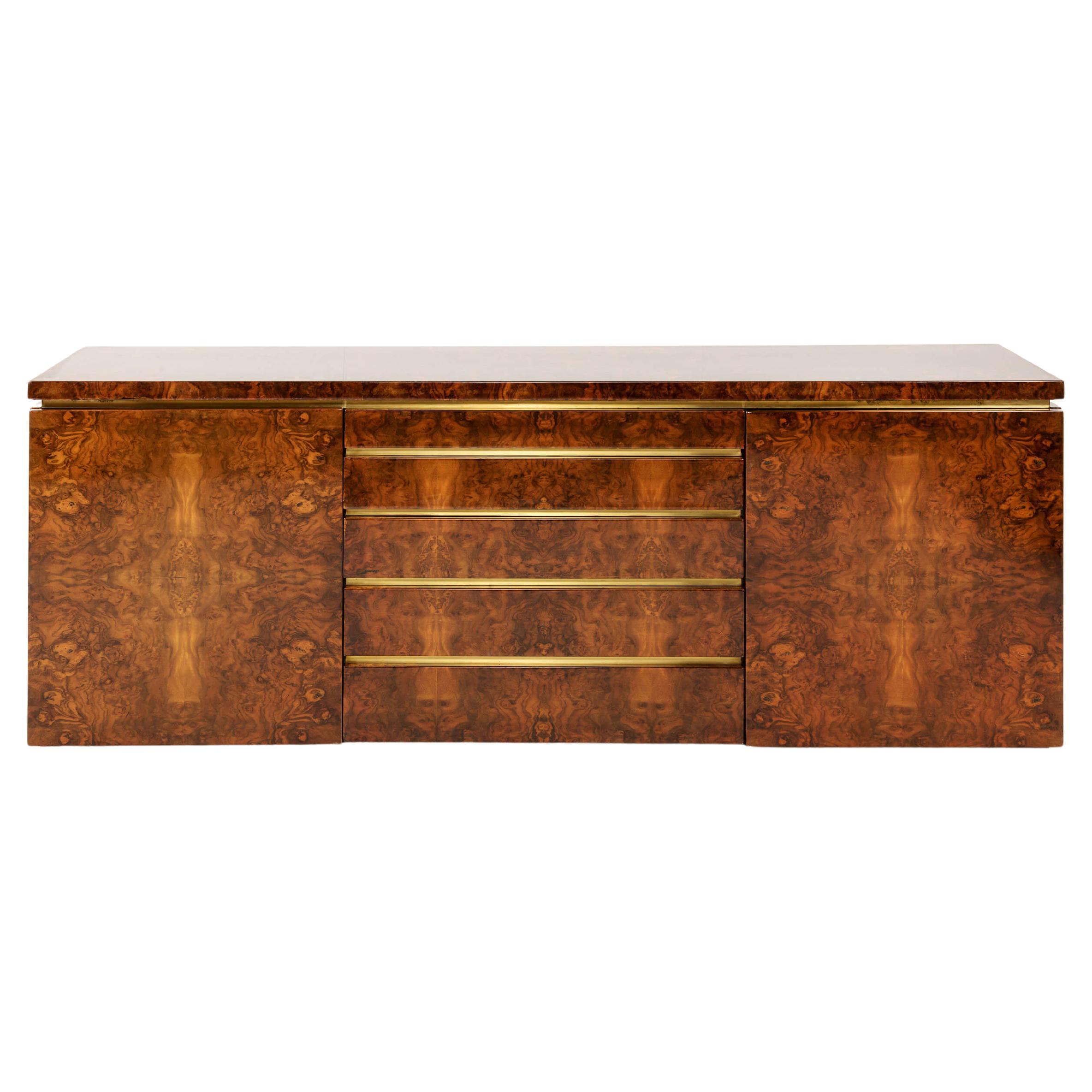 Jean-Claude Mahey Sideboard in Lacquered Burl Wood Veneer with Gilded Profiles en vente