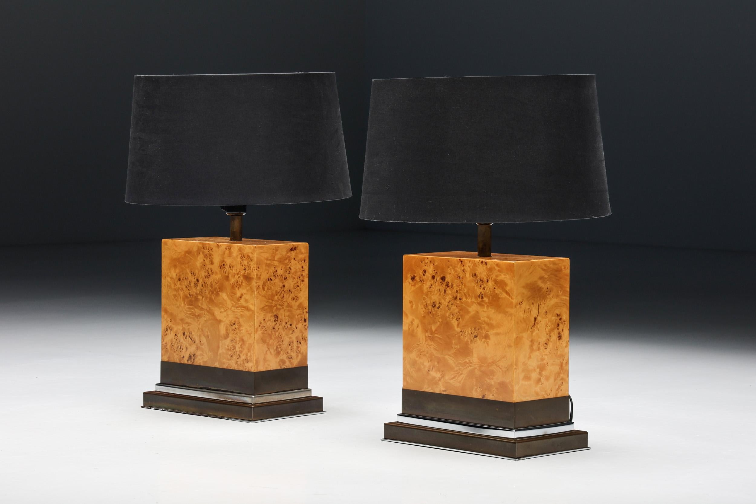 Jean Claude Mahey; Table Lamp; 1970s; Lightning; Burl Wood; Lacquered; Brass; Chrome; Hollywood Regency; Mid-Century Modern; France;

Jean Claude Mahey table lamp, produced in the 1970s, made of burl wood and chrome base. The chrome pedestal base