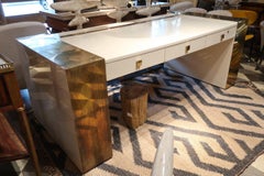 Jean Claude Mahey, White Lacquered and Brass Midcentury Signed Desk, France 1970