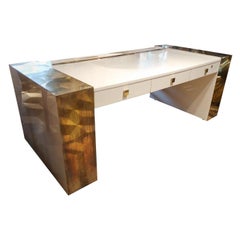 Jean Claude Mahey, White Lacquered and Brass Midcentury Signed Desk, France 1970 Jean Claude Mahey, White Lacquered and Brass Midcentury Signed Desk, France 1970