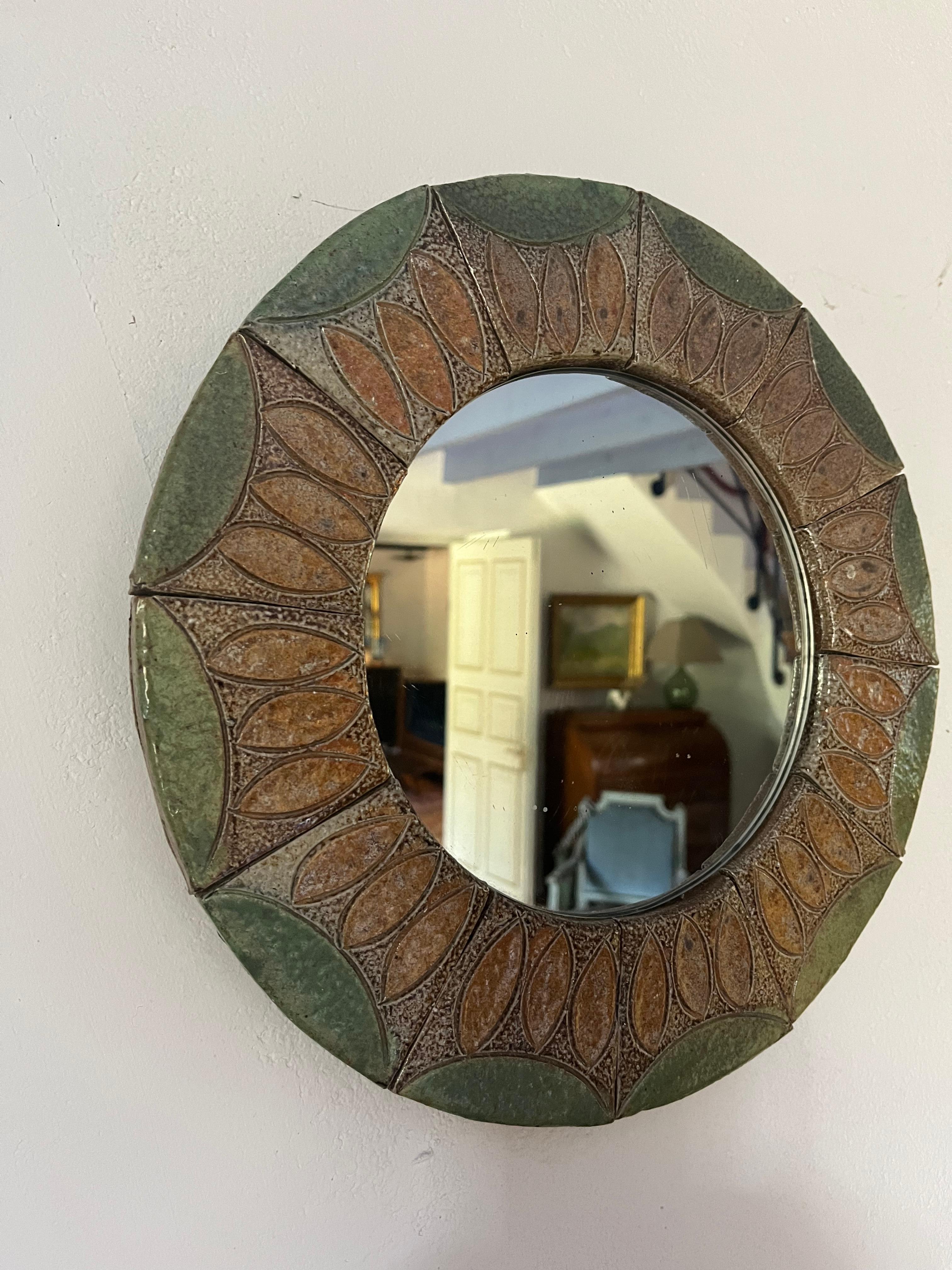 French 1950’s glazed ceramic mirror by Jean-Claude Monange.  Vallauris. 