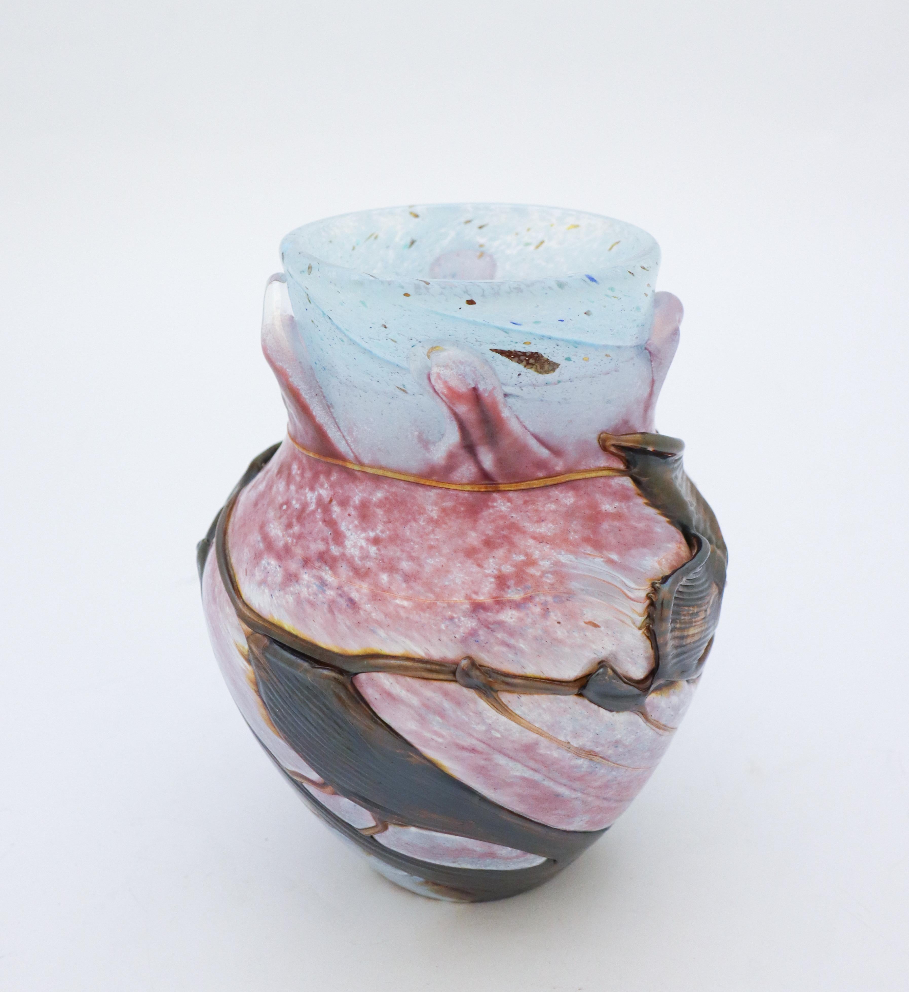 German Jean Claude Novaro Vase - Art Glass - France 1990 - Pink, Blue & Brown Floral For Sale