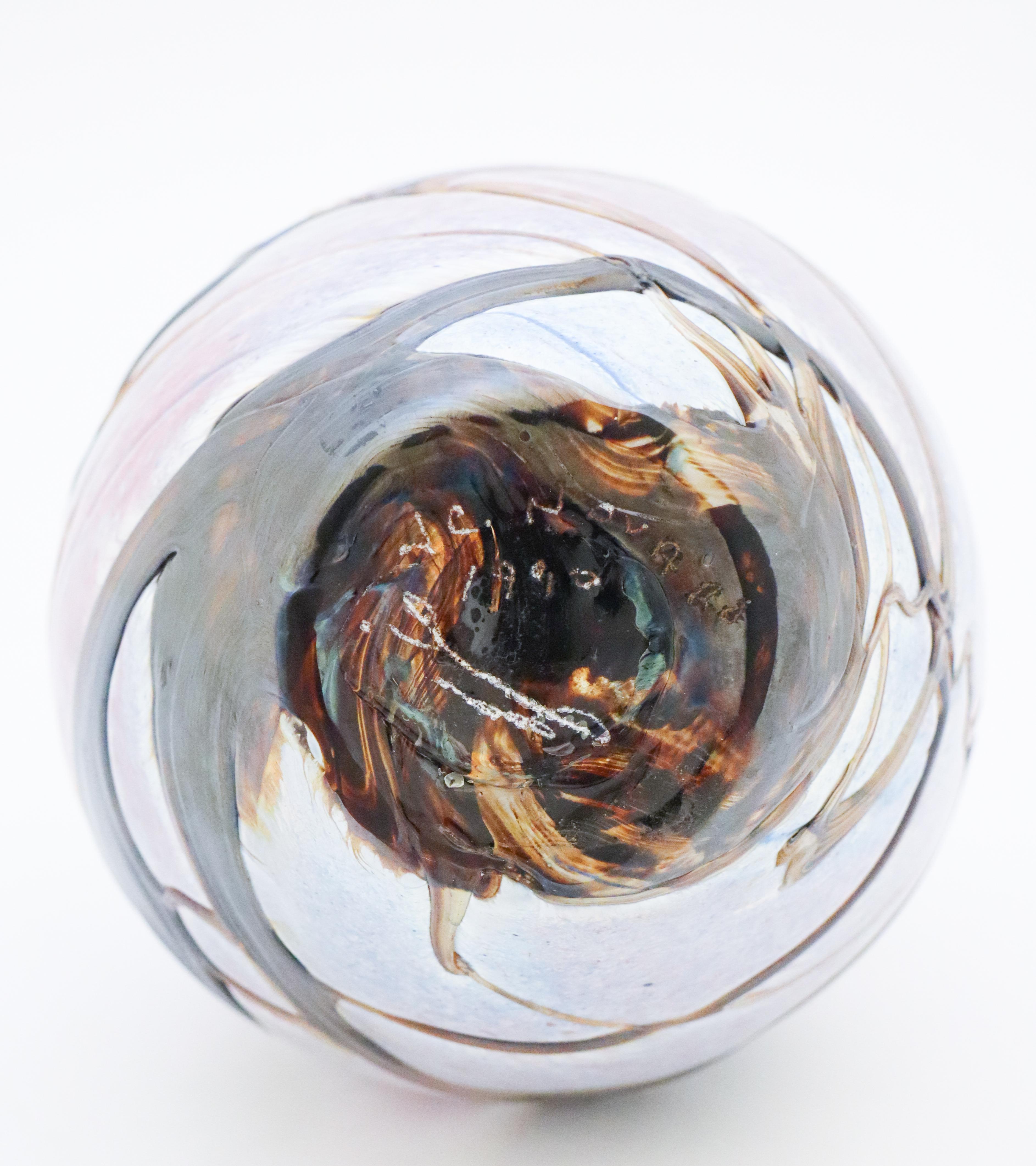 Jean Claude Novaro Vase - Art Glass - France 1990 - Pink, Blue & Brown Floral In Good Condition For Sale In Stockholm, SE