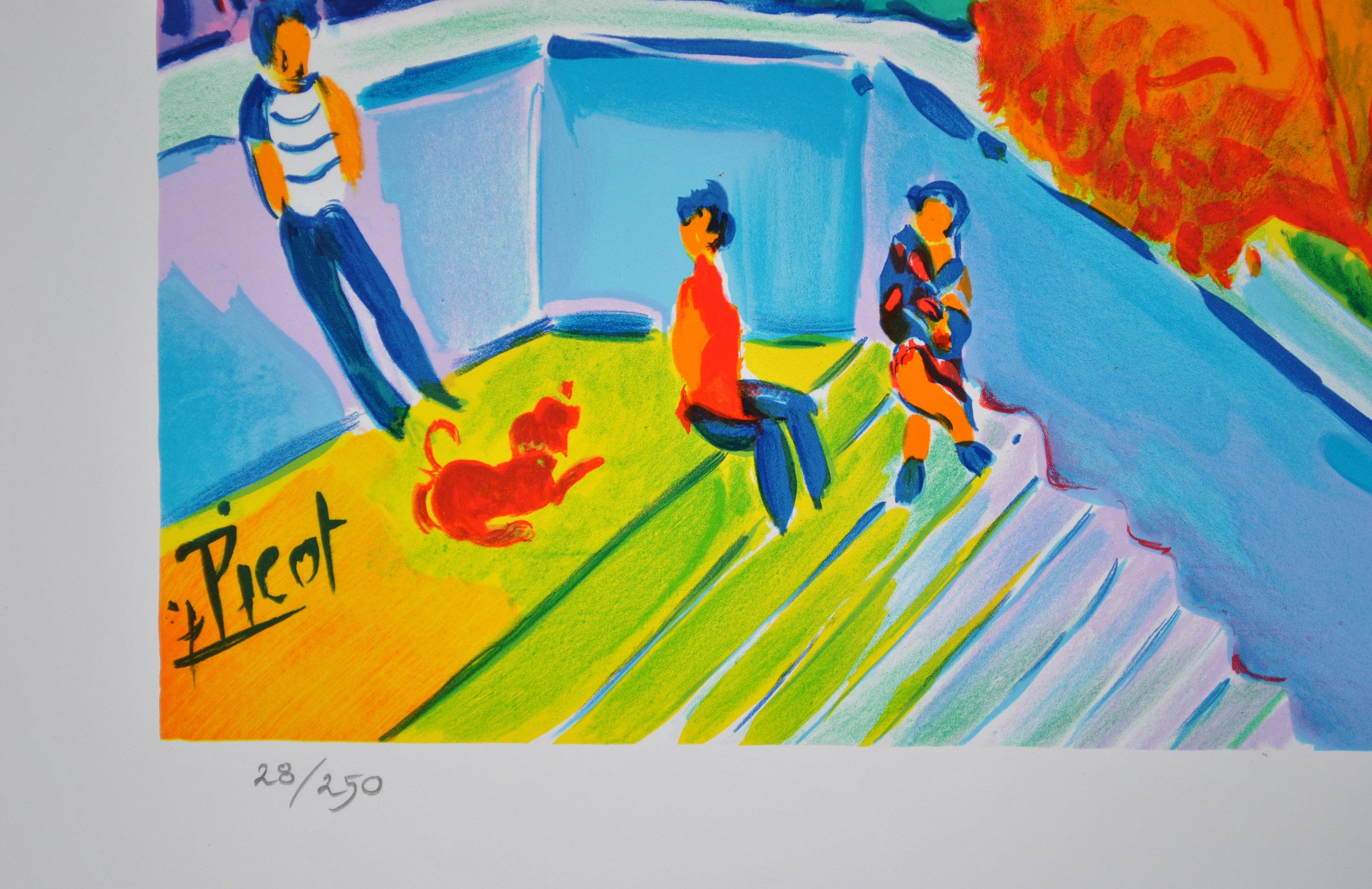 Costa Azzurra: Vecchia St Tropez - Litografia originale, firmata a mano & Ltd /250 - Landscape Print Blu di Jean-Claude Picot