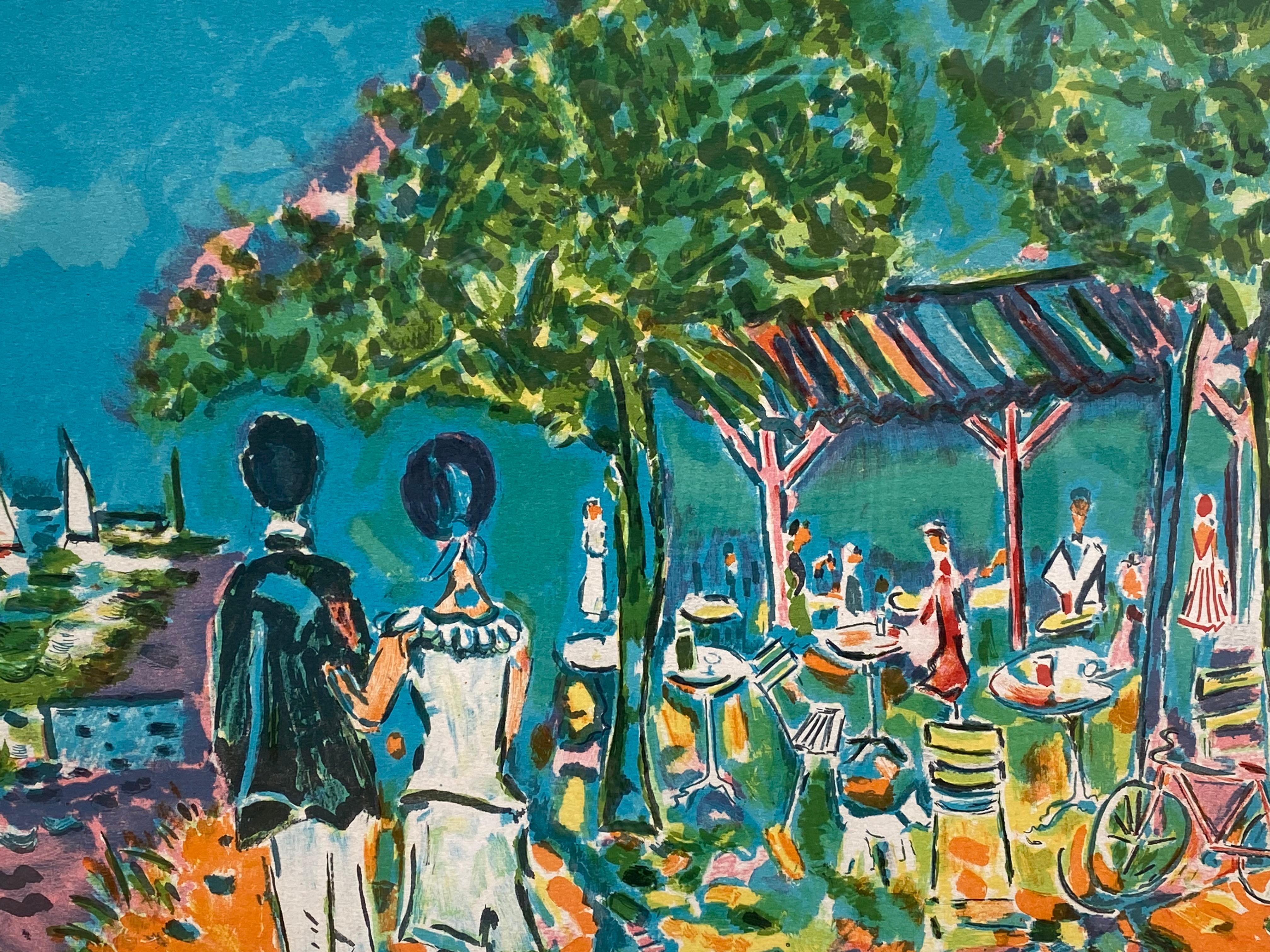 “Seaside Terrace Dining” - Blue Figurative Print by Jean-Claude Picot