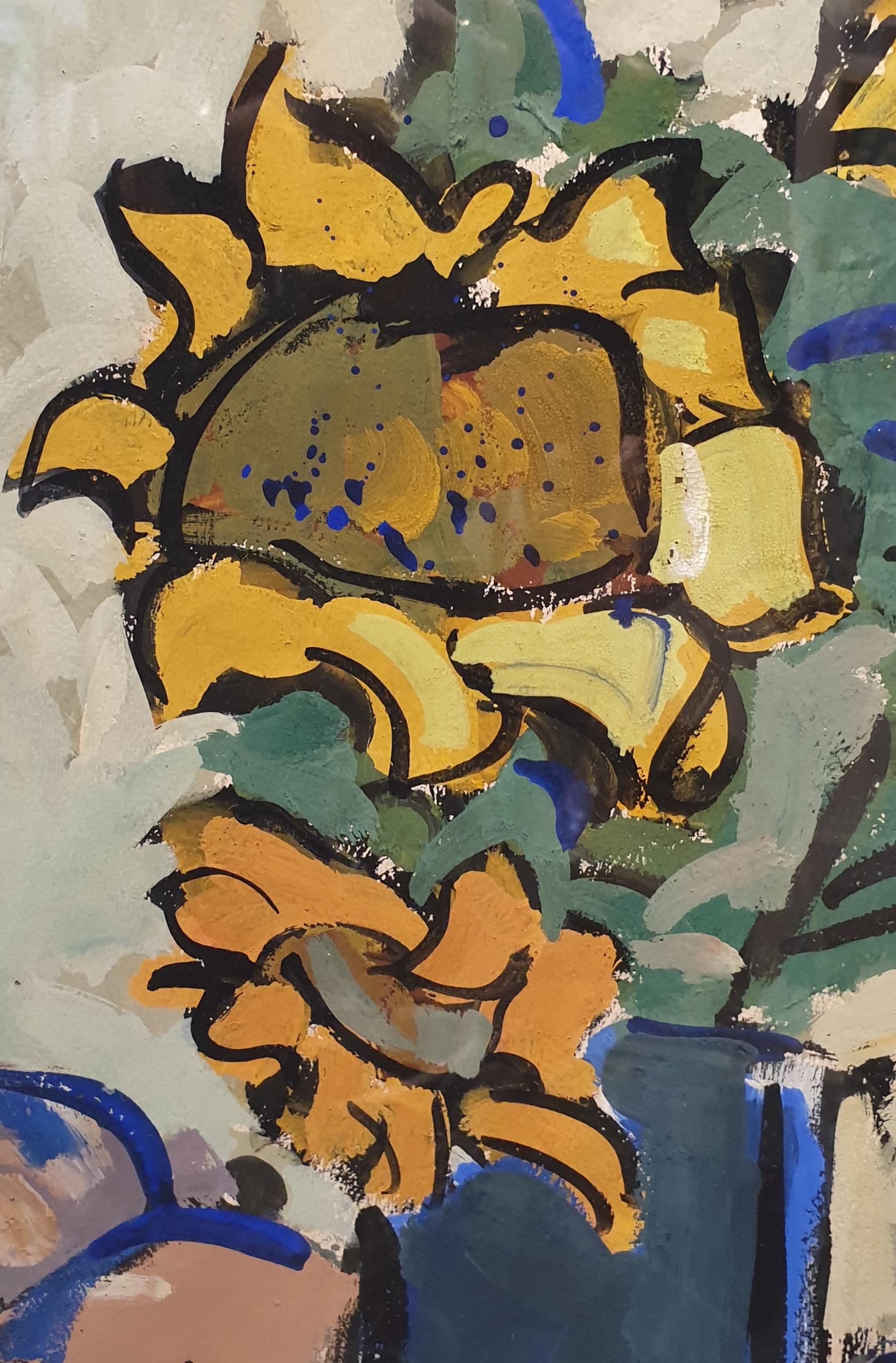 Original Mid-Century Hommage to Van Gogh, 'Sunflowers'. Acrylic on paper. - Painting by Jean-claude Quilici