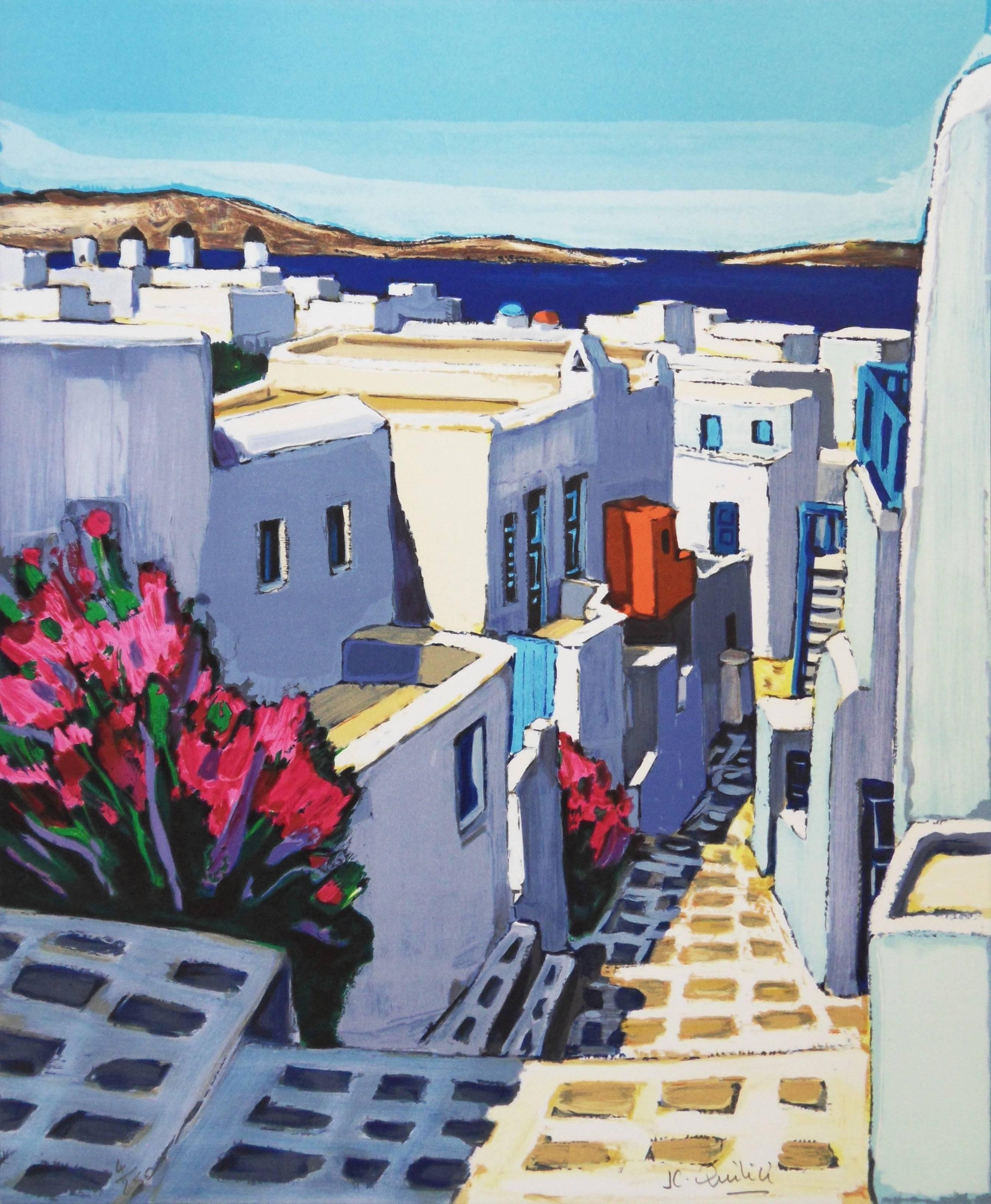 Jean-Claude Quilici Landscape Print - Greece : Small Street in Santorini - Handsigned lithograph