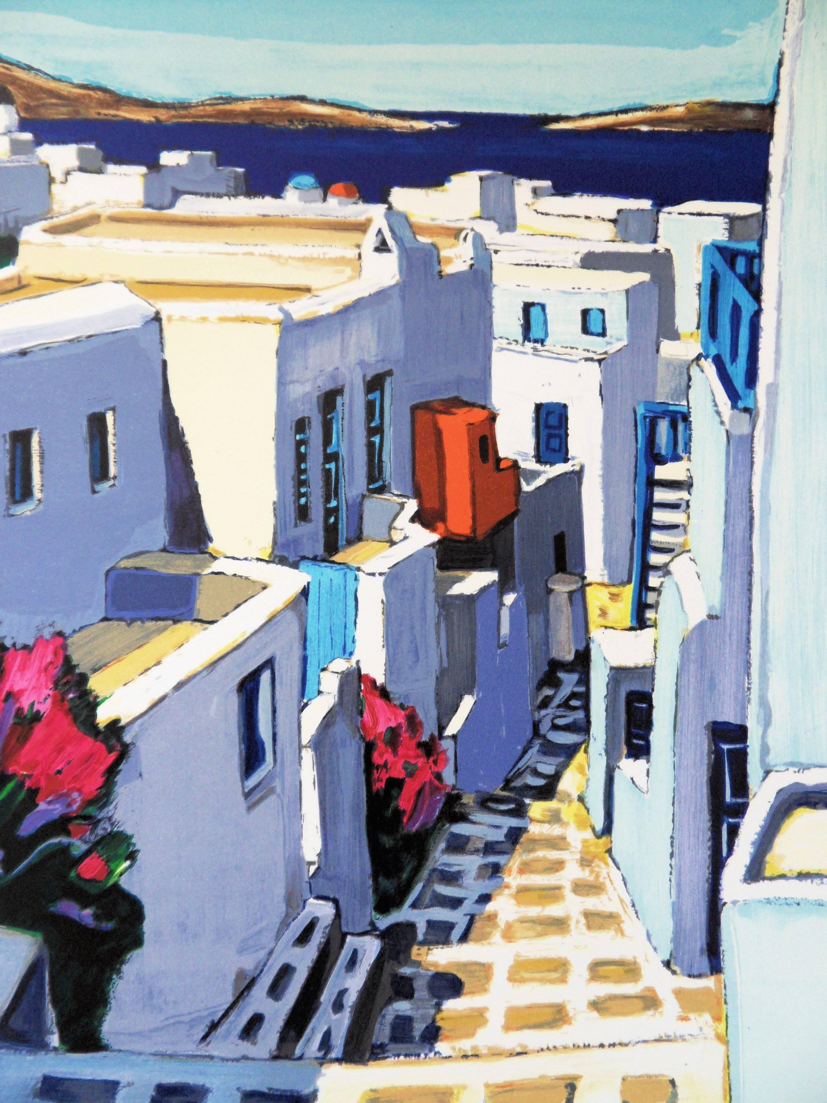 Greece : Small Street in Santorini - Handsigned Original Lithograph - Modern Print by Jean-Claude Quilici