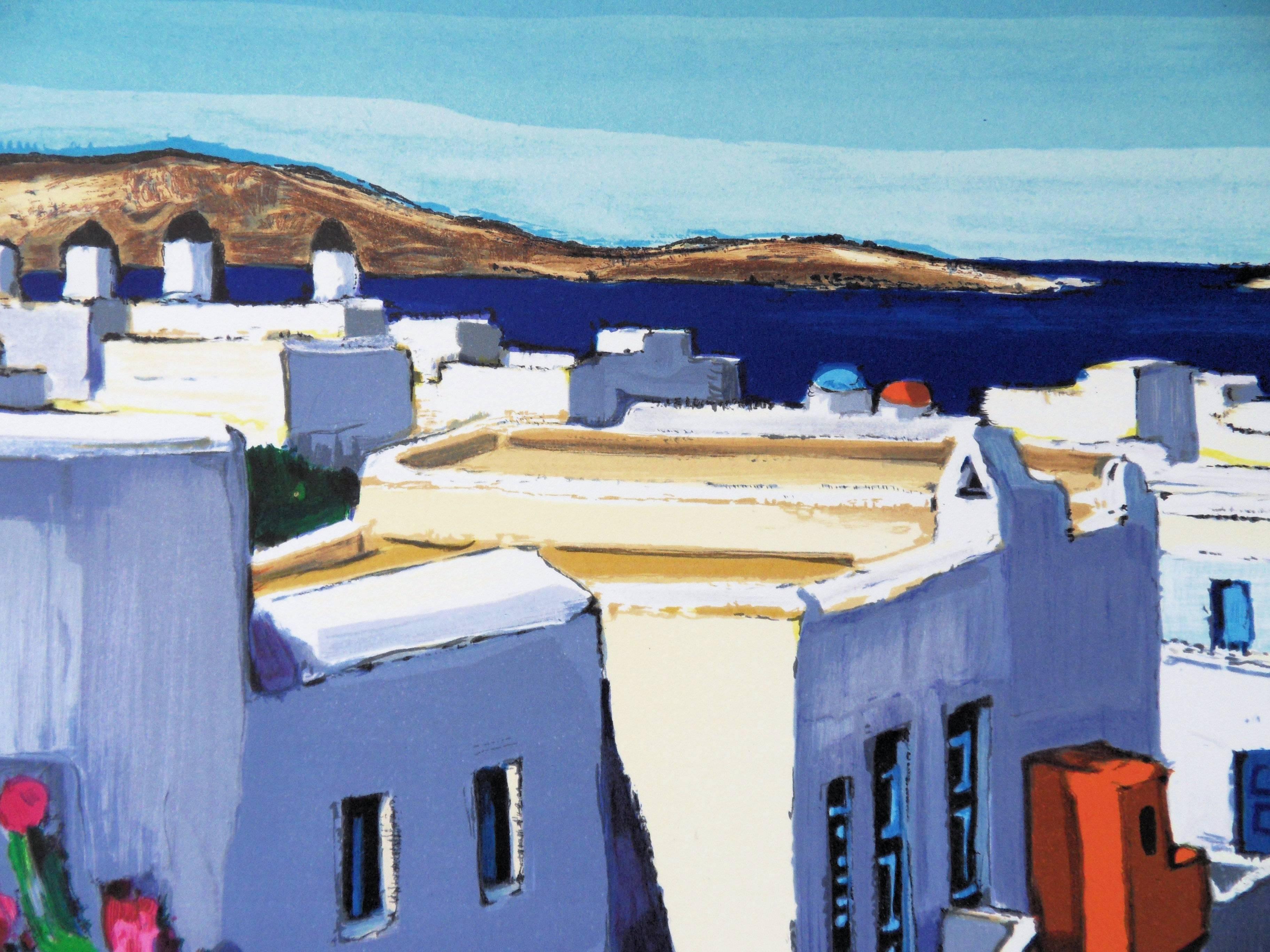 Greece : Small Street in Santorini - Handsigned Original Lithograph - Gray Landscape Print by Jean-Claude Quilici