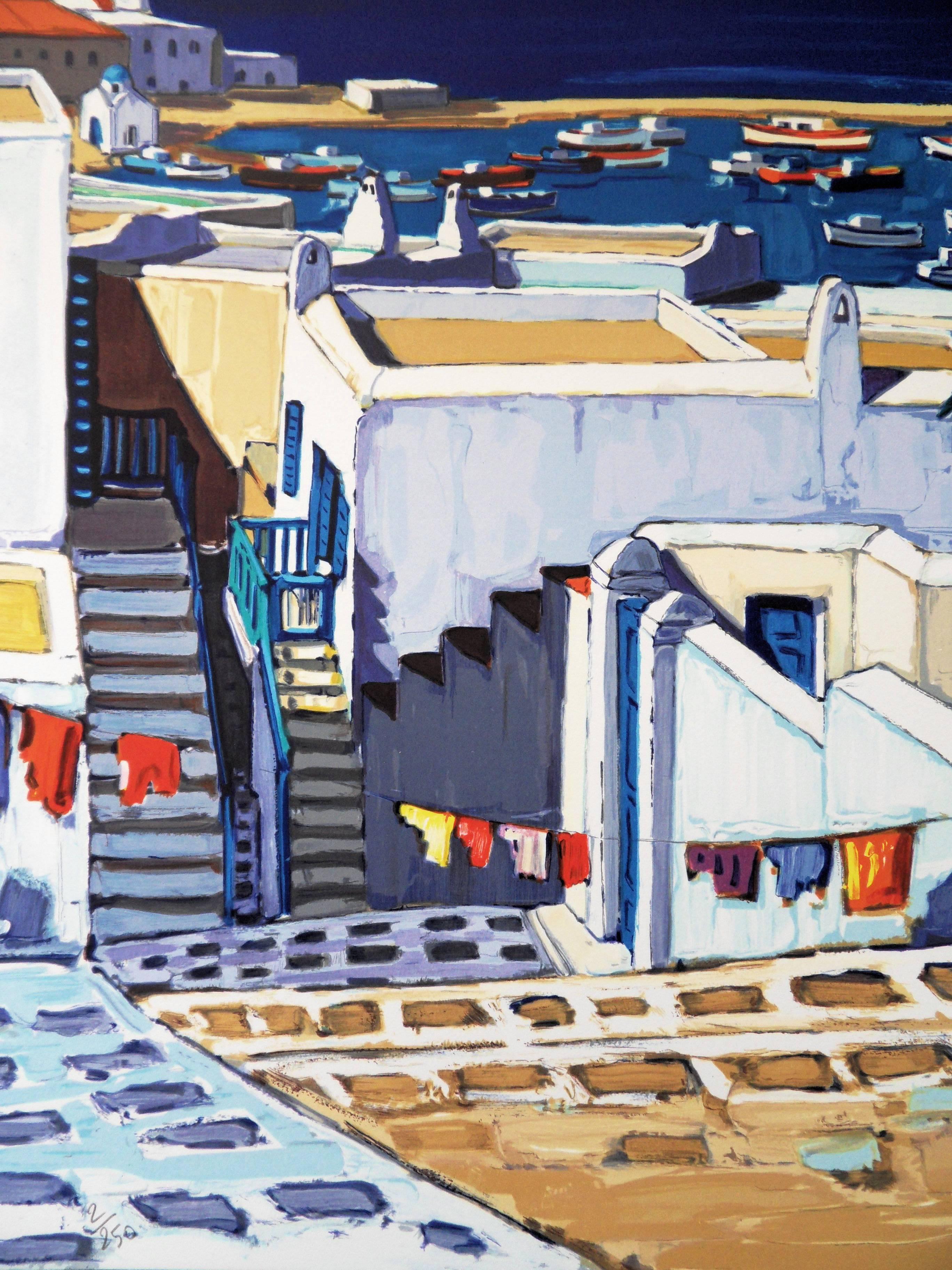 Grecia: Estate a Mykonos - Litografia firmata a mano - Print Moderno di Jean-Claude Quilici