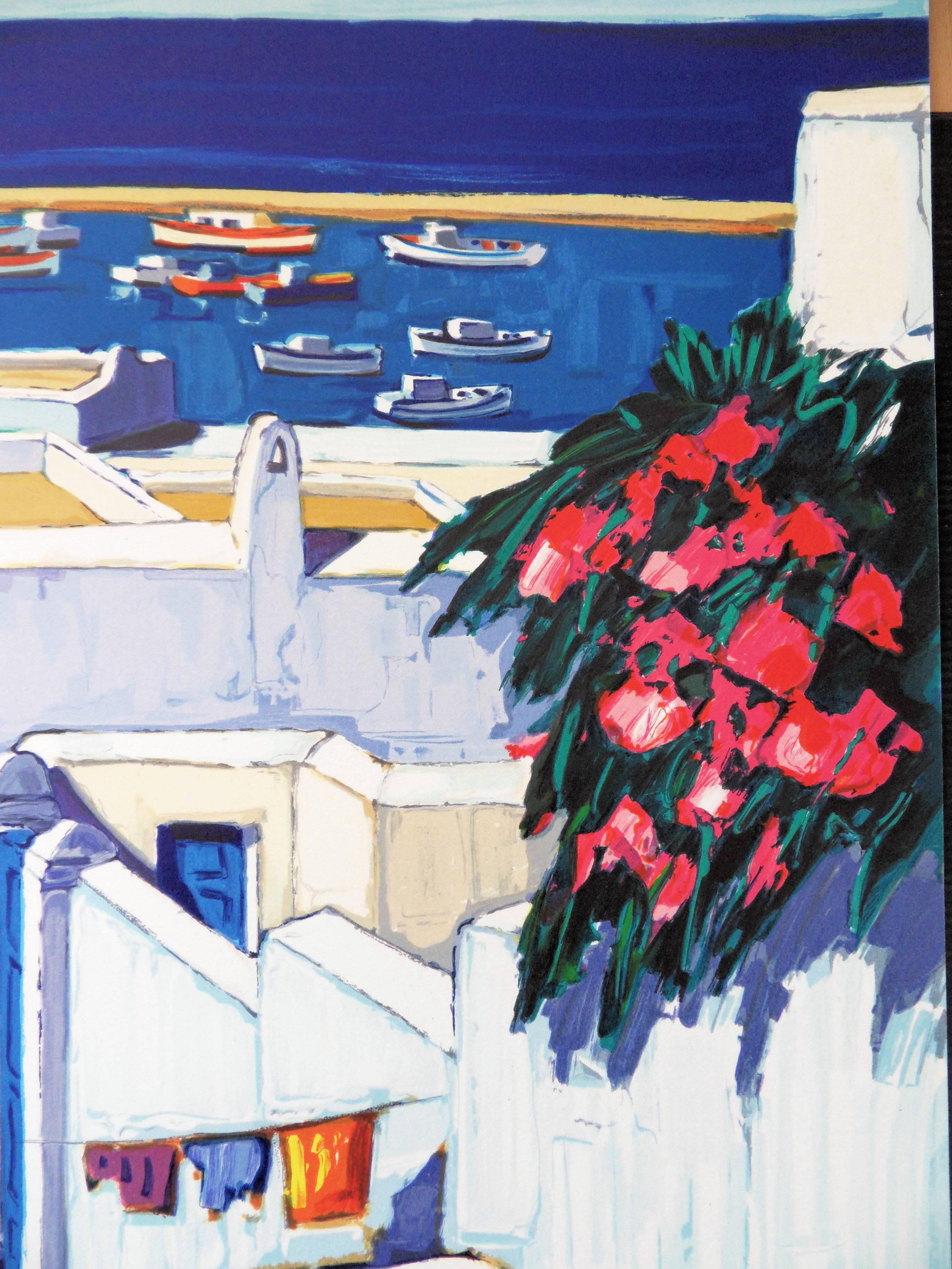 Grecia: Estate a Mykonos - Litografia firmata a mano - Landscape Print Grigio di Jean-Claude Quilici