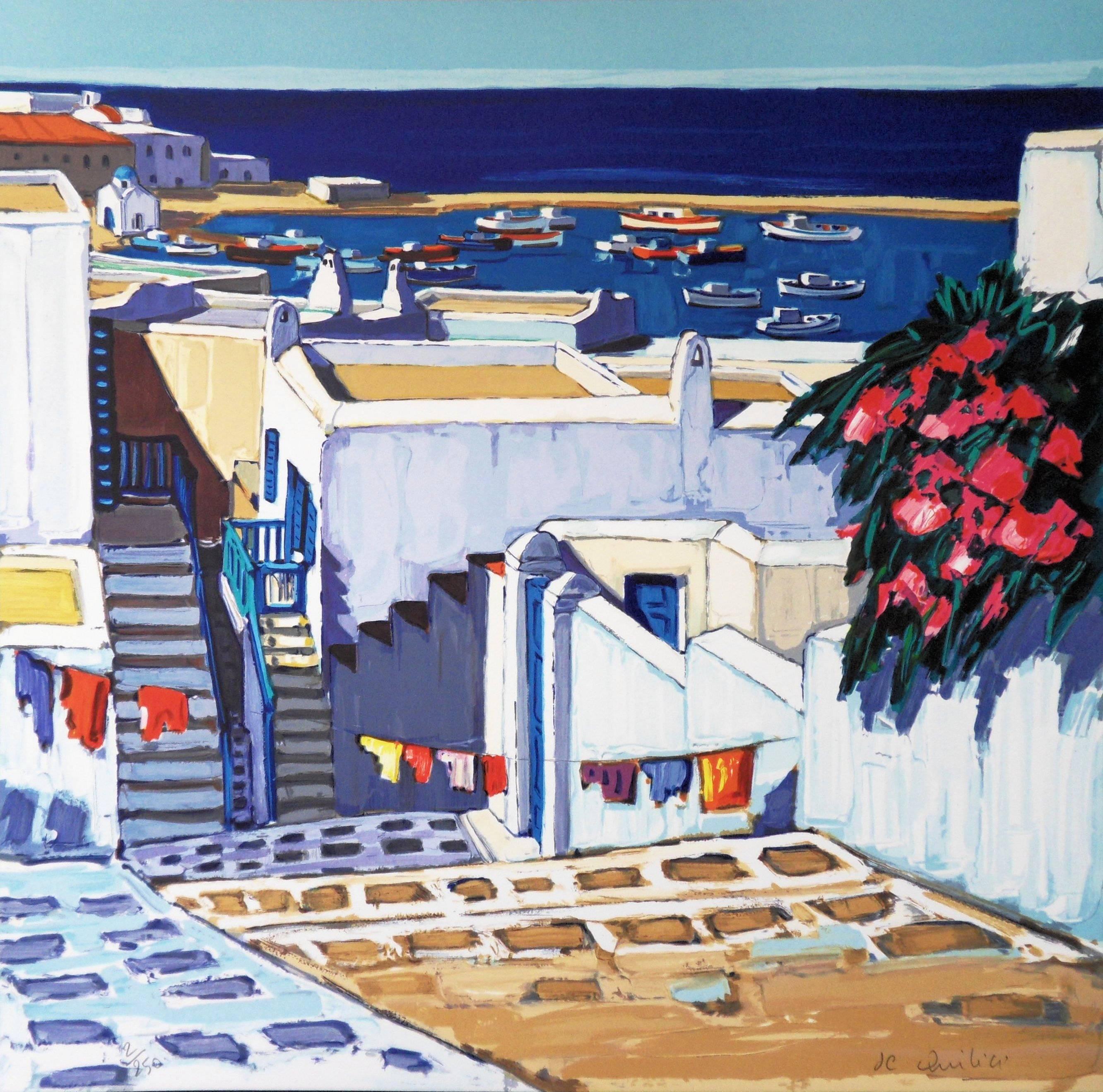 Landscape Print Jean-Claude Quilici - Grèce : Été à Mykonos - Lithographie signée à la main