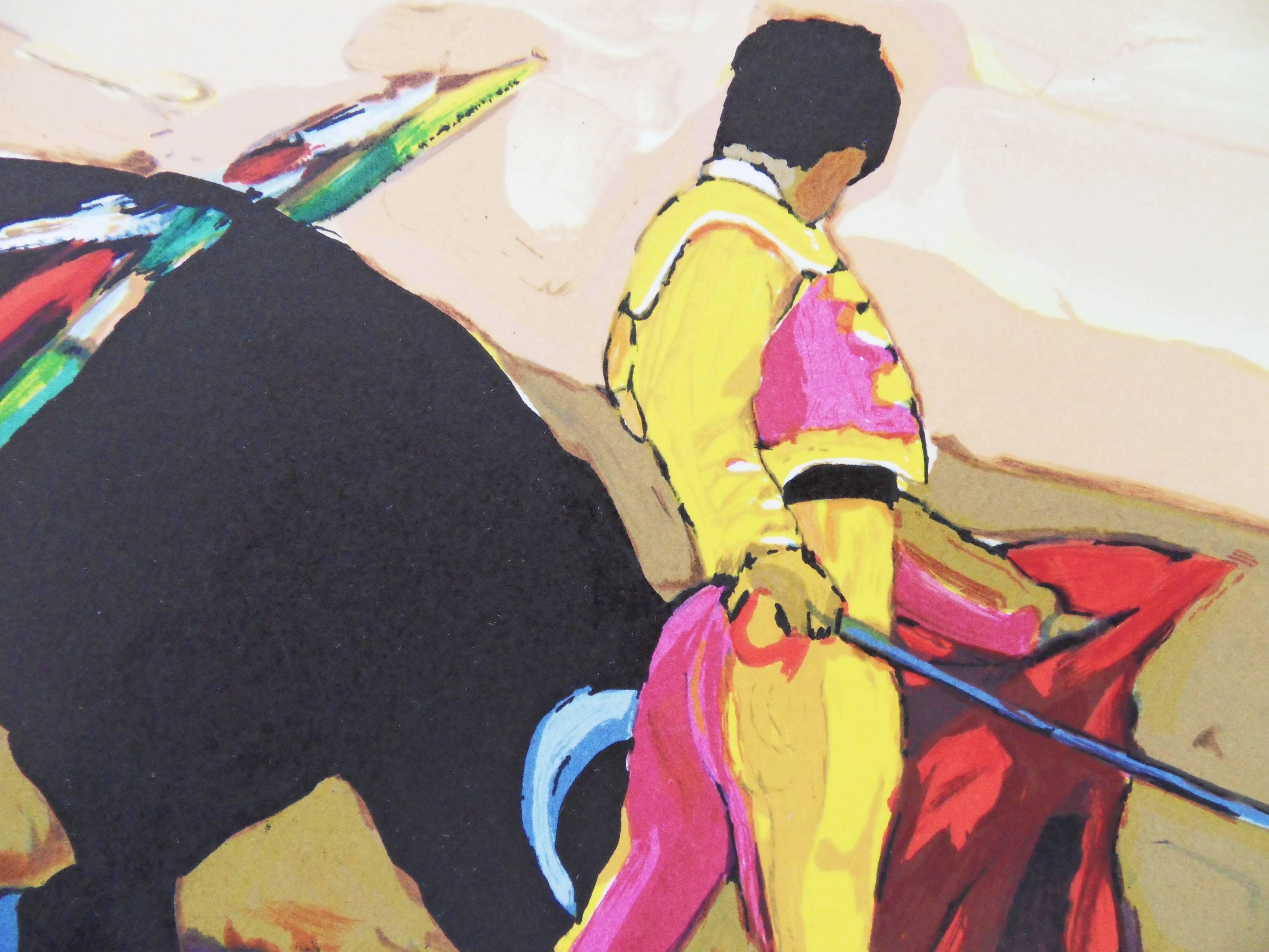 Toreador - Handsignierte Lithographie (Beige), Figurative Print, von Jean-Claude Quilici