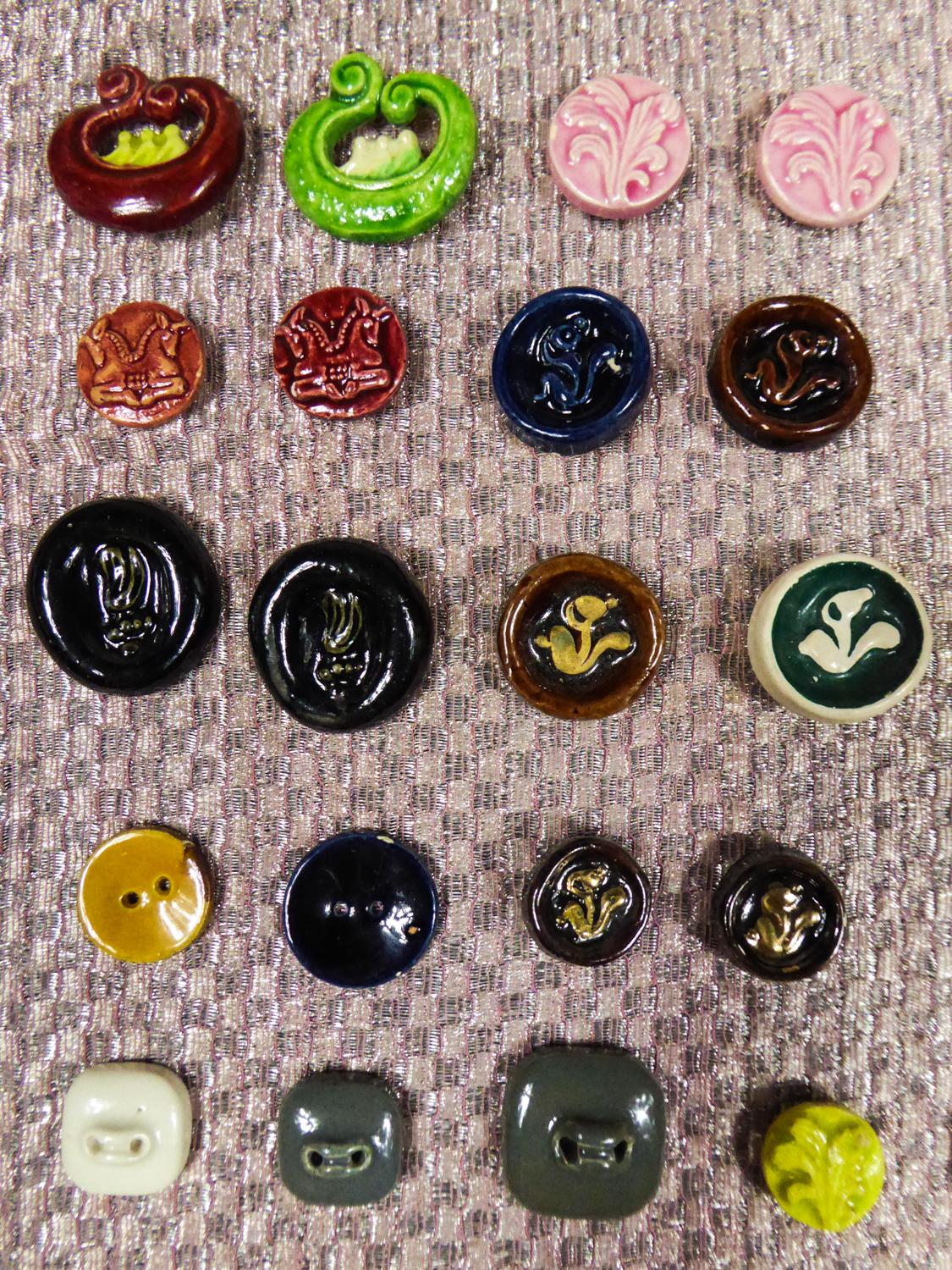 Circa 1930/1940
France

42 glazed ceramic buttons possibly by Jean Clément for The house designer Elsa Schiaparelli from the 1930s / 1940s. Oneiric repertoire (Zodiac, Noah's Ark, Swans, false cameos) and surreal (upside down buttons, tennis ball