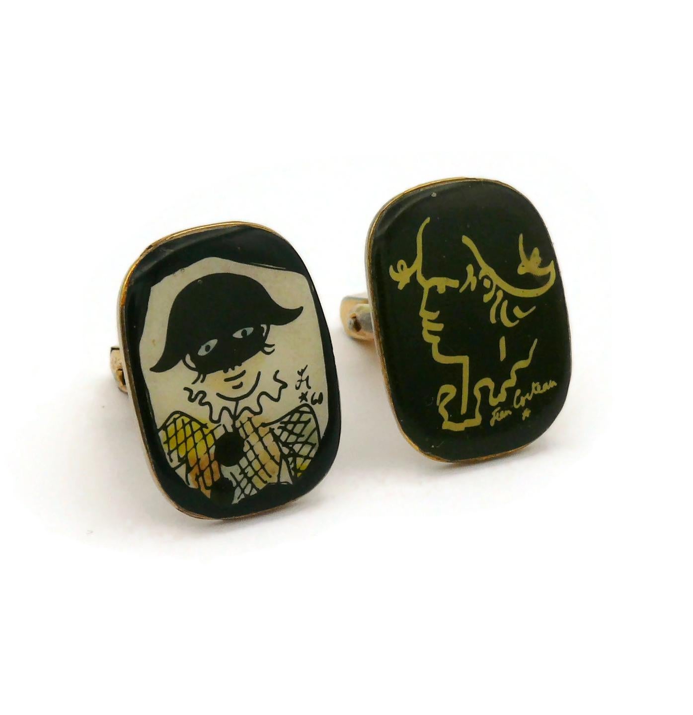 After JEAN COCTEAU vintage gold tone cufflinks featuring printed character inlaid plate.

Printed with the cursive signature JEAN COCTEAU * on a cufflink and monogram JC * on the other one.

Indicative mesaurements : height approx. 2.5 cm (0.98