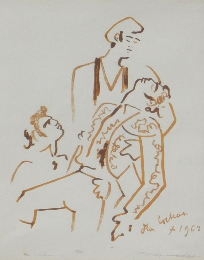 Jean Cocteau Ink Drawing in Sepia - Defeated Toreador In Good Condition For Sale In Phoenix, AZ
